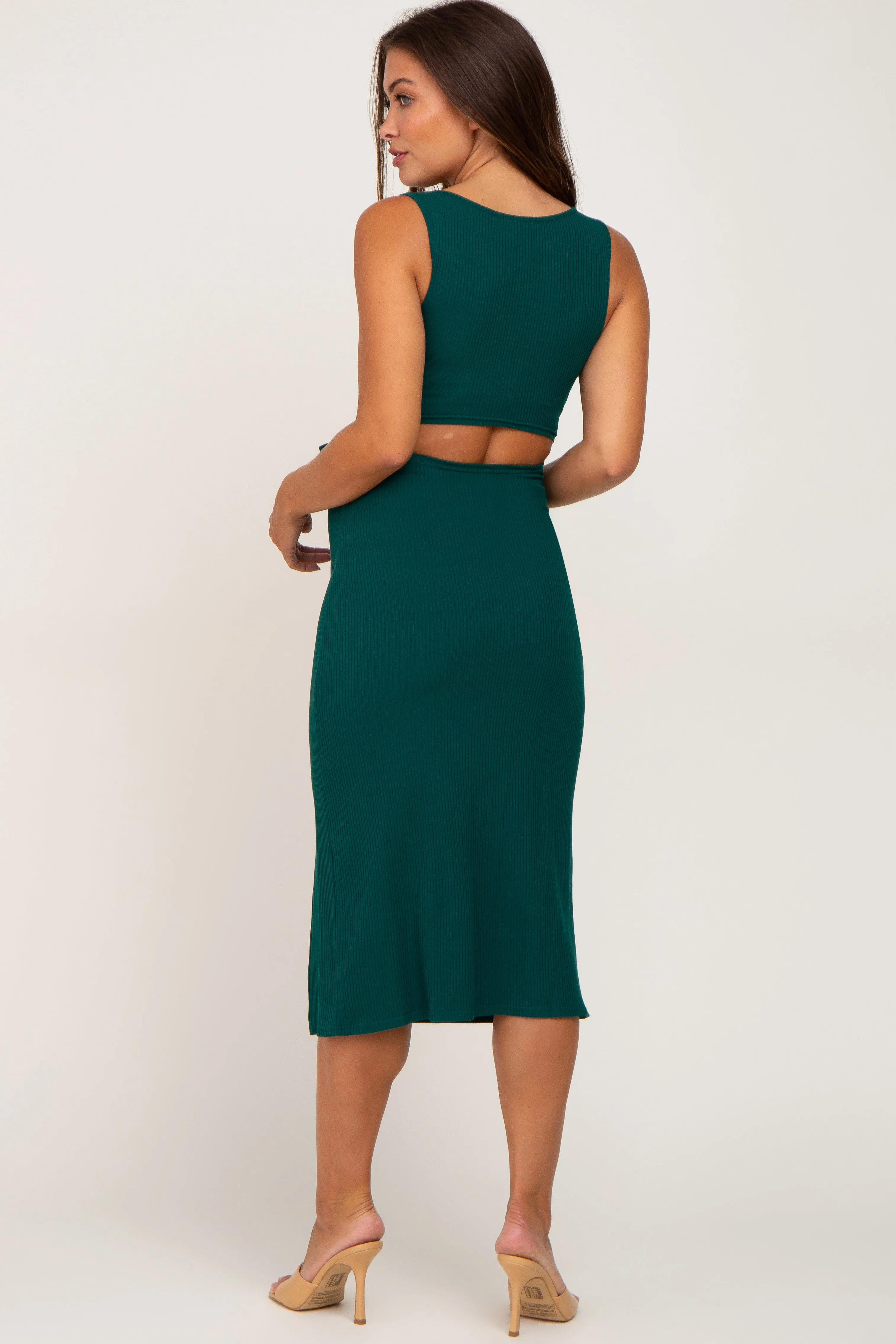 Forest Green Ribbed Back Cutout Maternity Midi Dress sold by Pinkblush product image thumbnail 3