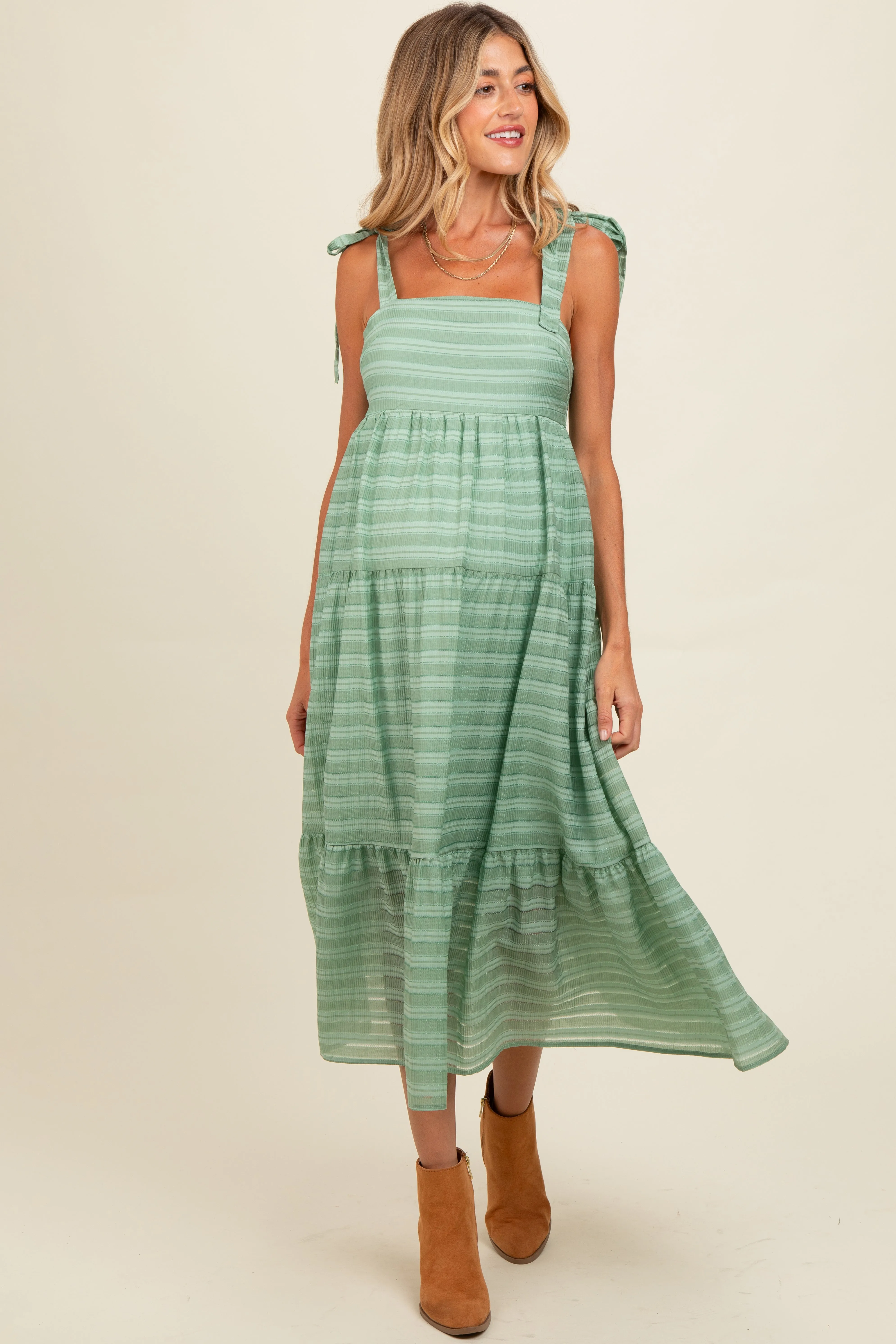 Light Olive Gingham Shoulder Tie Maternity Dress sold by Pinkblush