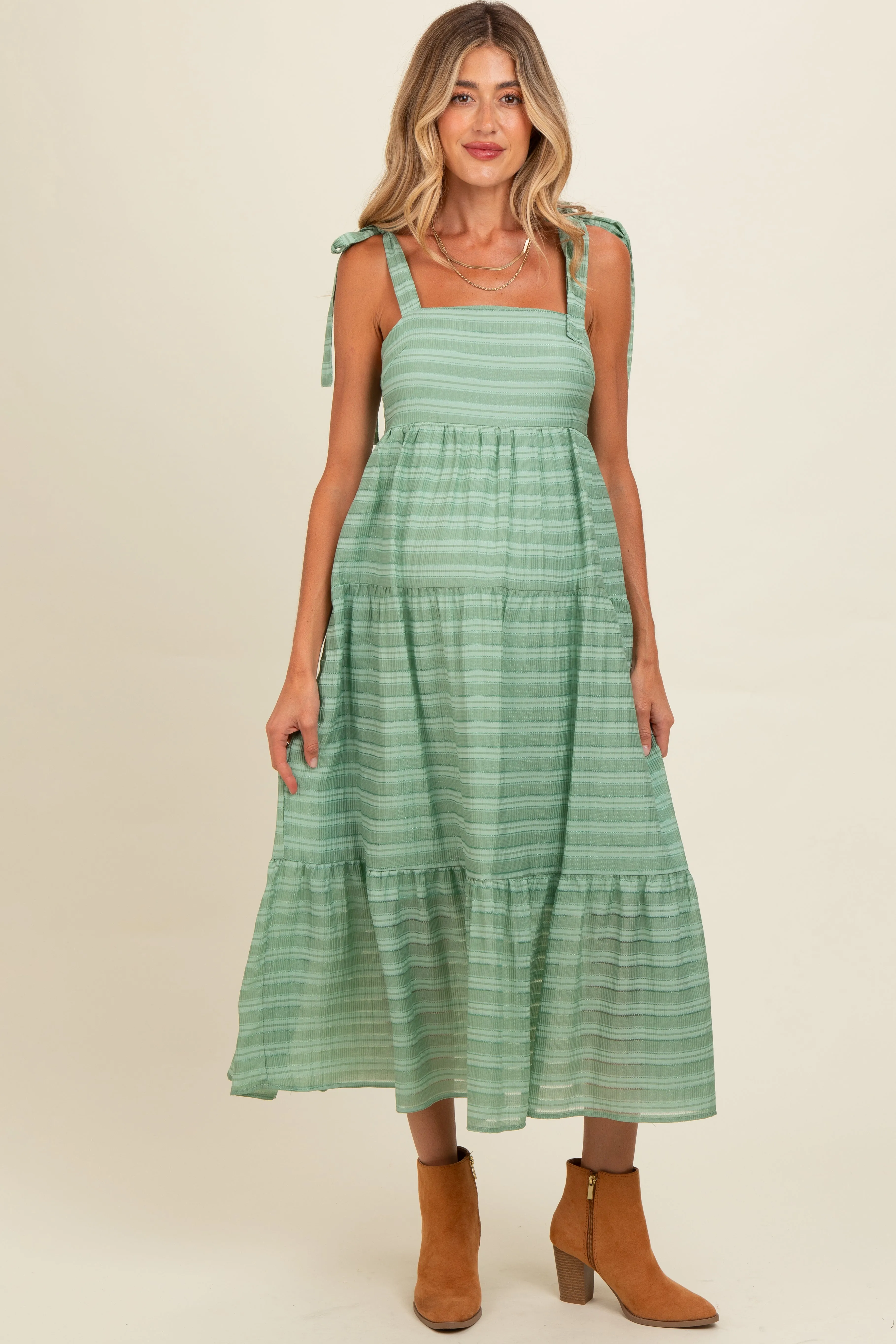 Light Olive Gingham Shoulder Tie Maternity Dress sold by Pinkblush product image thumbnail 2