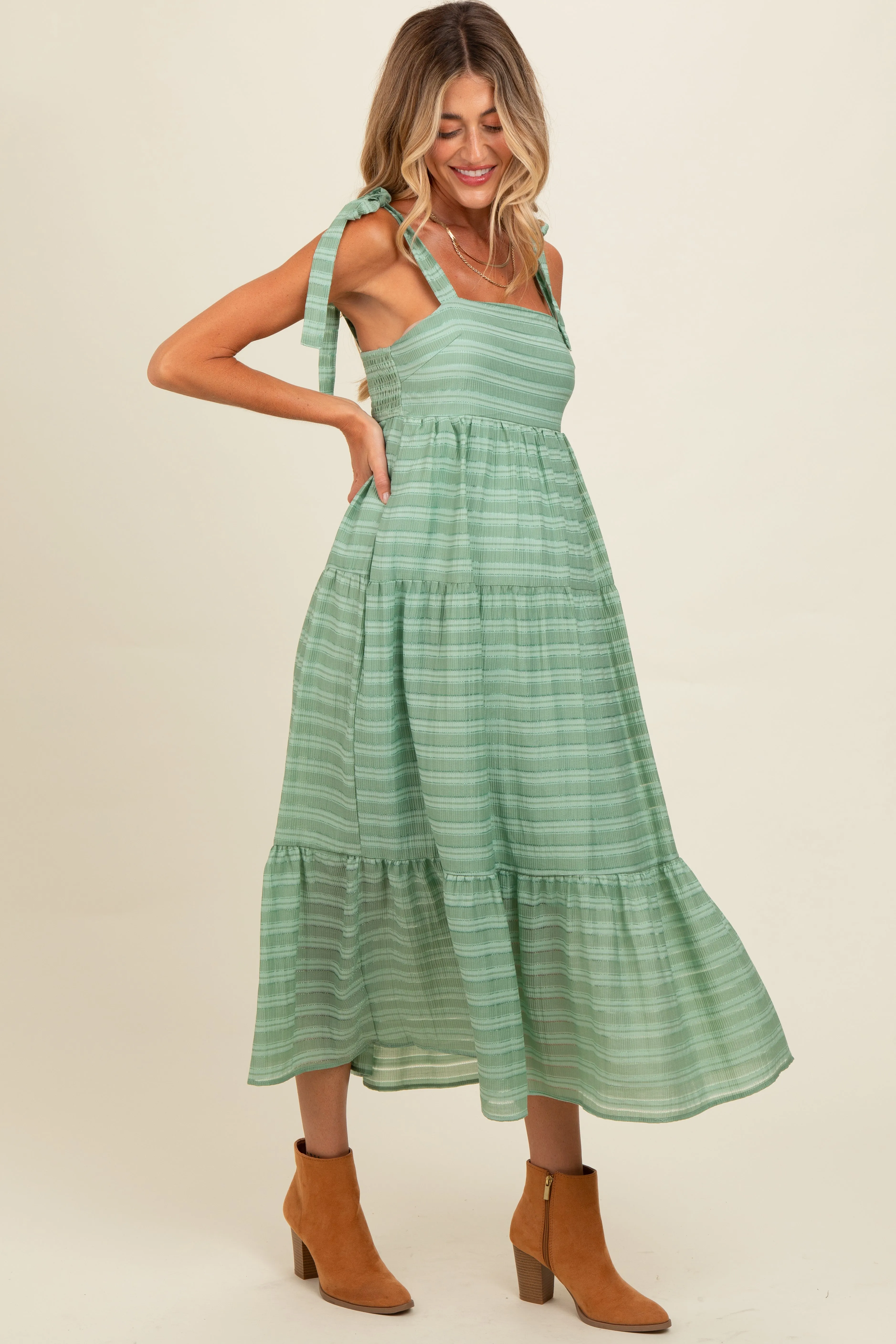 Light Olive Gingham Shoulder Tie Maternity Dress sold by Pinkblush product image thumbnail 3