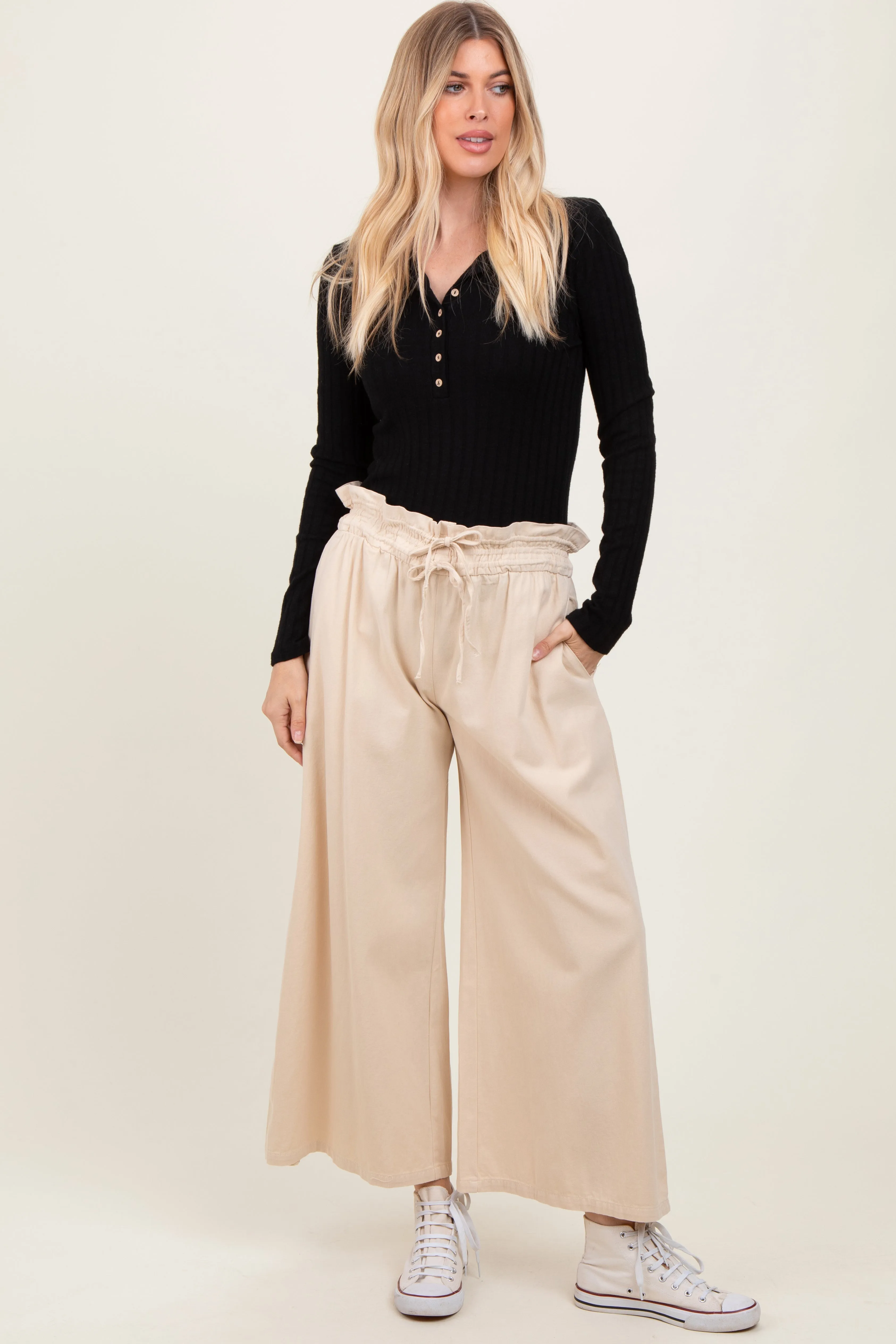 Cream Flowy Cropped Pant sold by Pinkblush