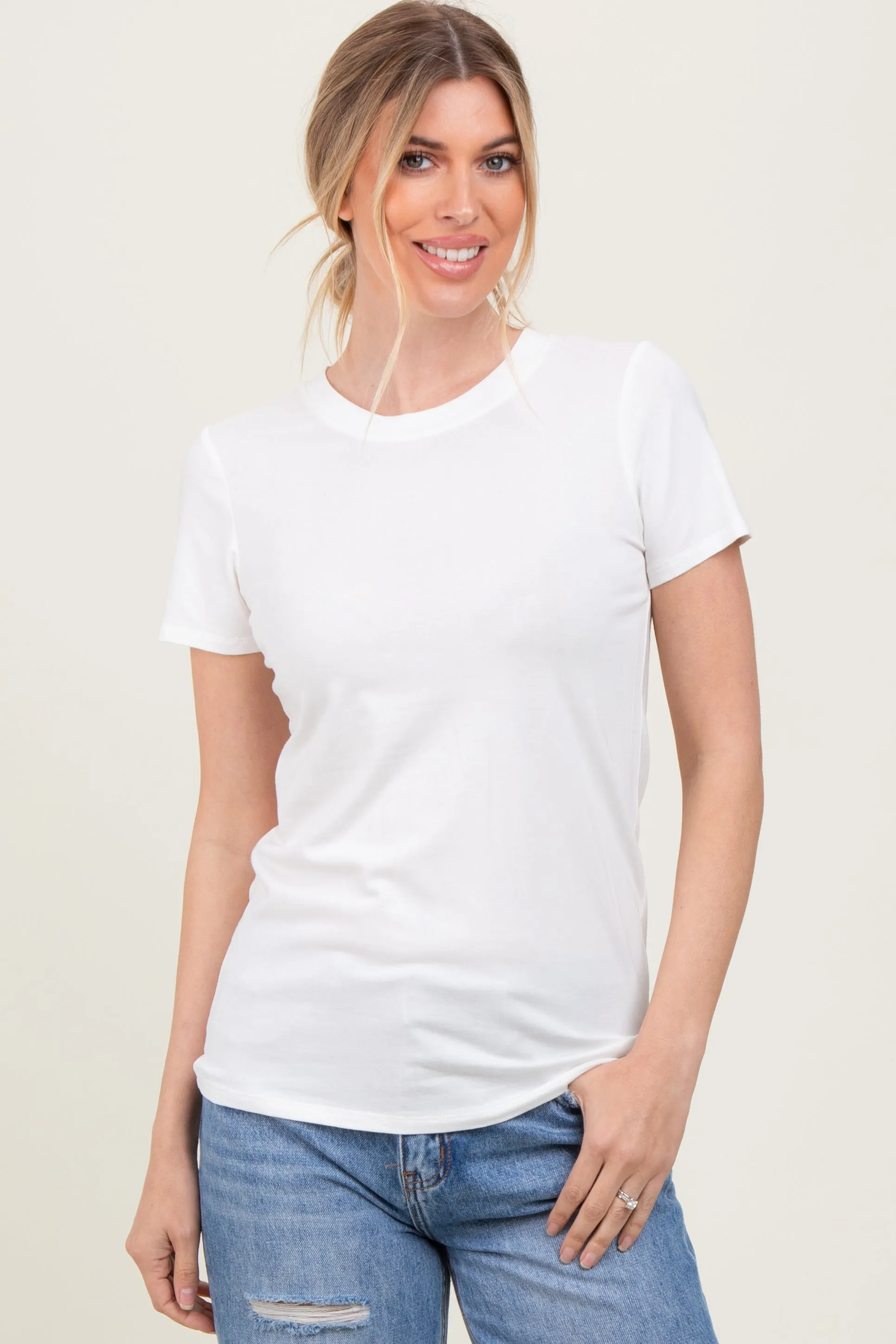 Cream Basic Crew Neck Tee sold by Pinkblush