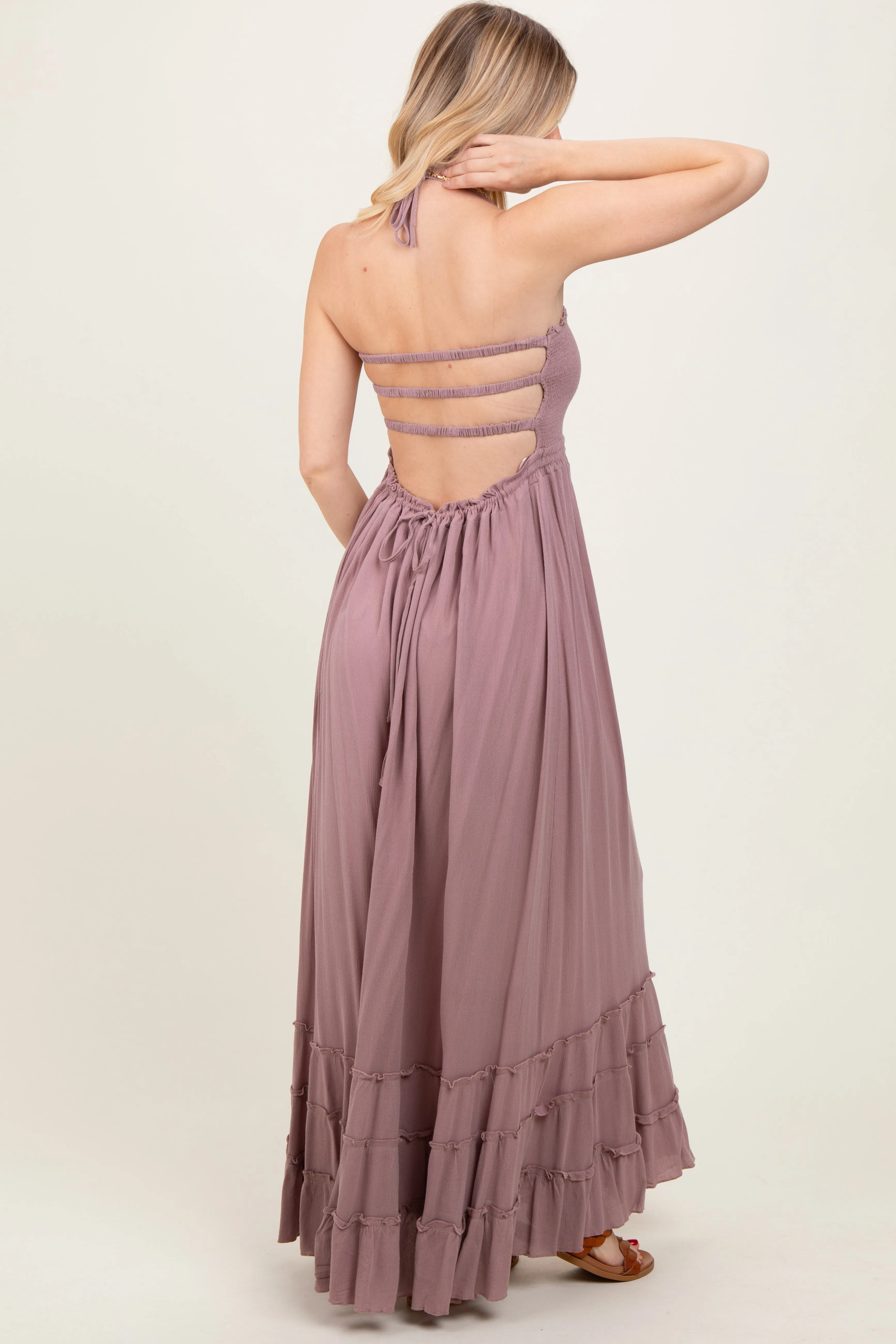 Mauve Smocked Woven Maxi Dress sold by Pinkblush product image thumbnail 4