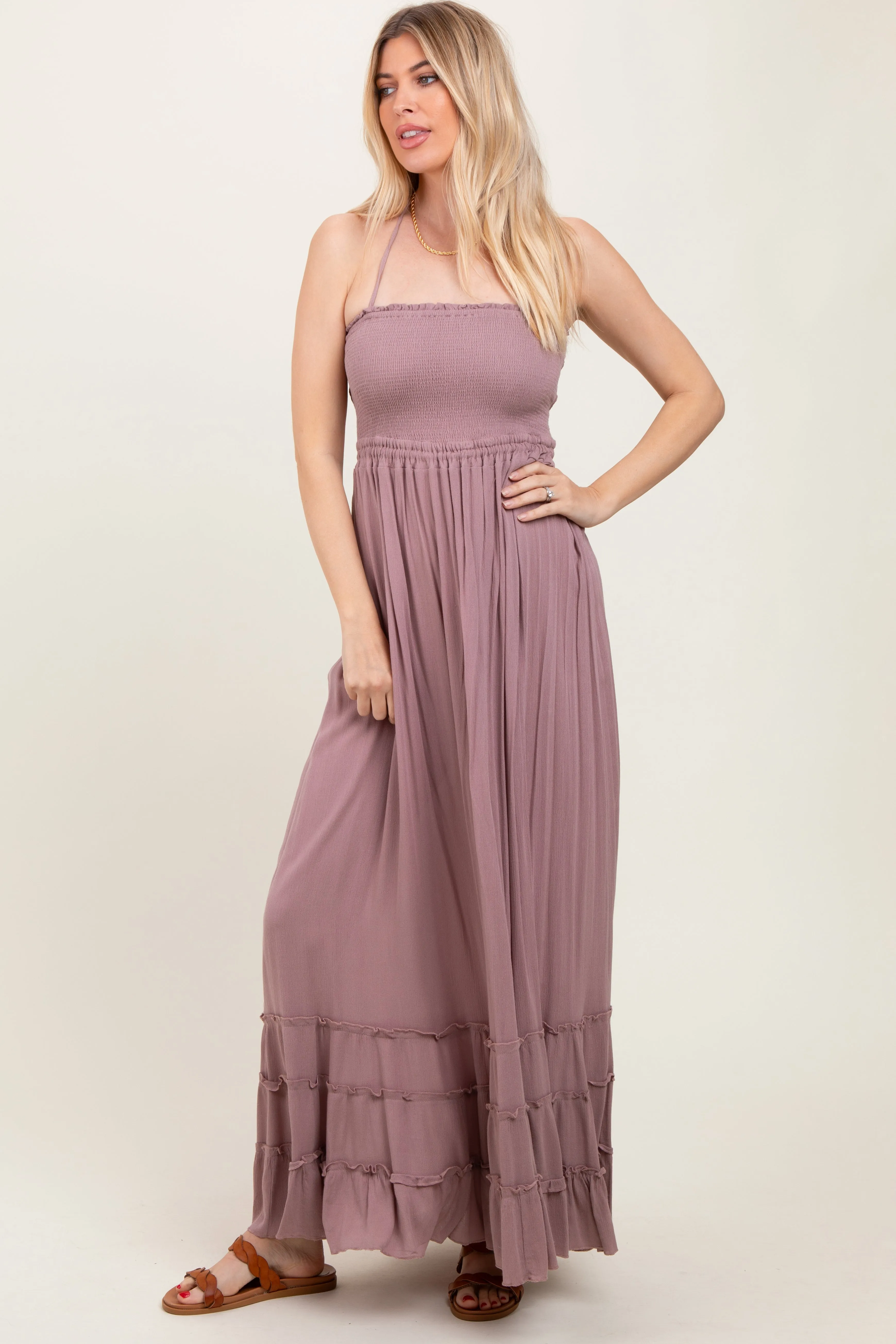 Mauve Smocked Woven Maxi Dress sold by Pinkblush