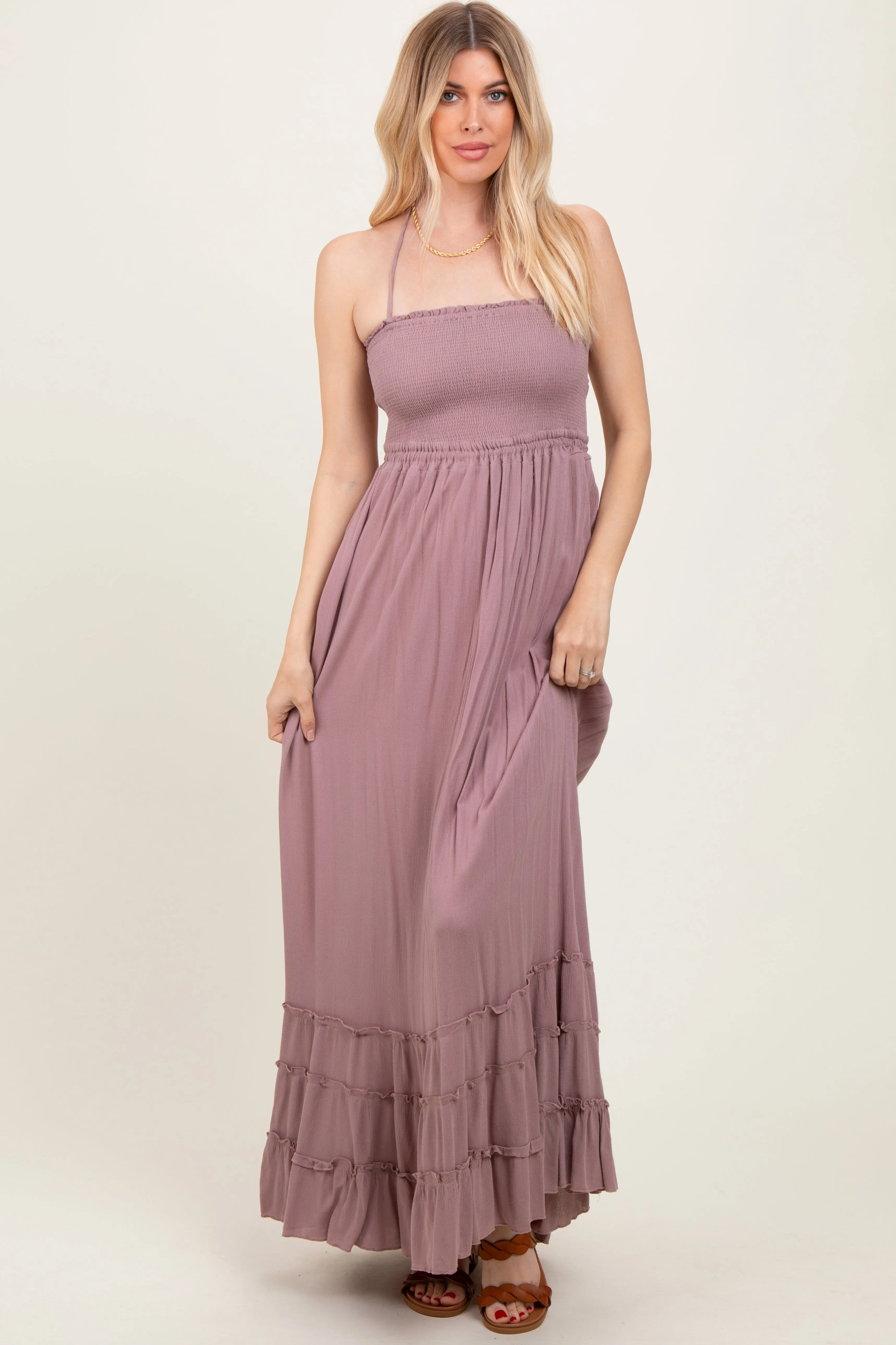 Mauve Smocked Woven Maxi Dress sold by Pinkblush product image thumbnail 2