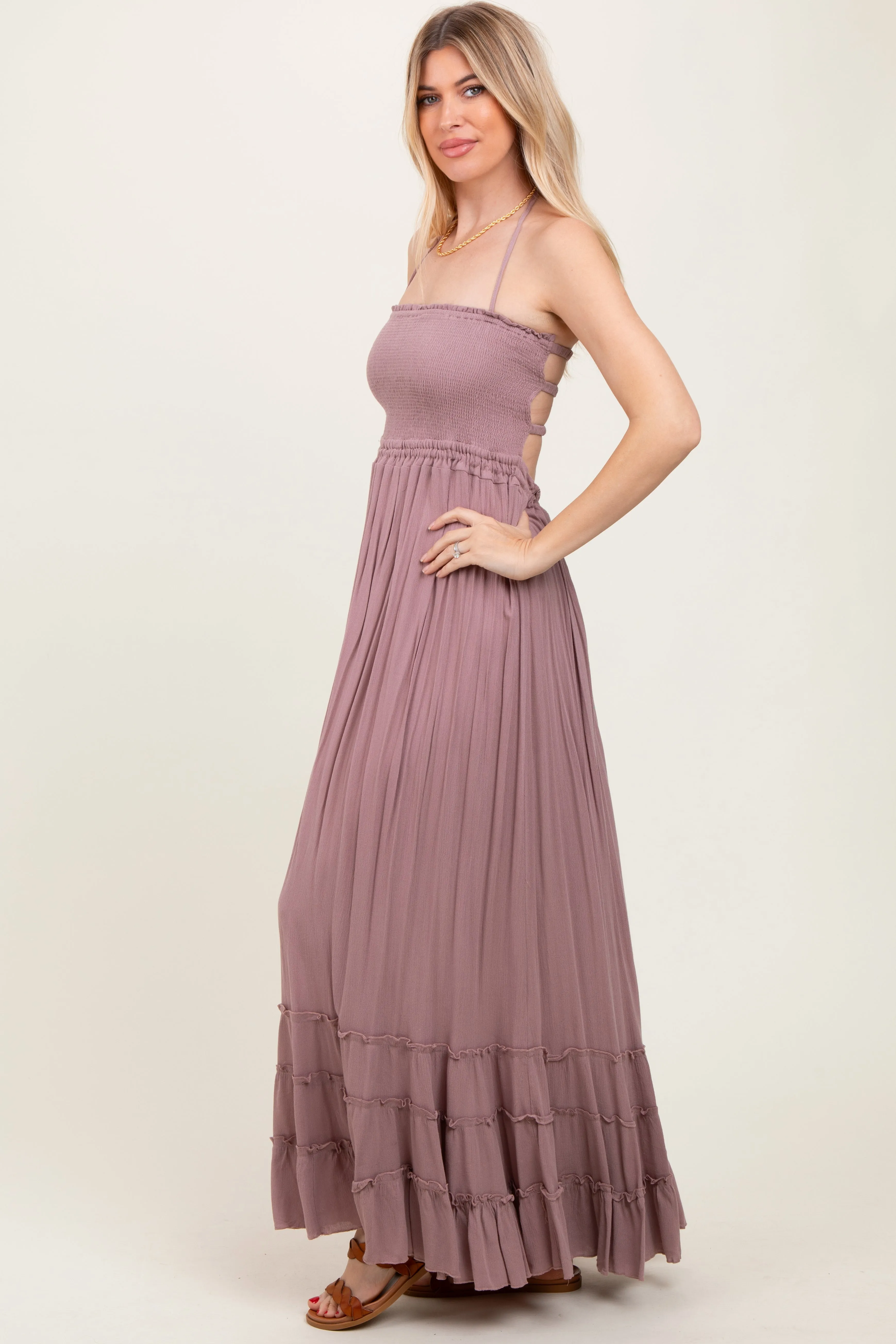 Mauve Smocked Woven Maxi Dress sold by Pinkblush product image thumbnail 3