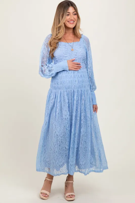 Periwinkle Lace Smocked Bubble Sleeve Maternity Maxi Dress sold by Pinkblush