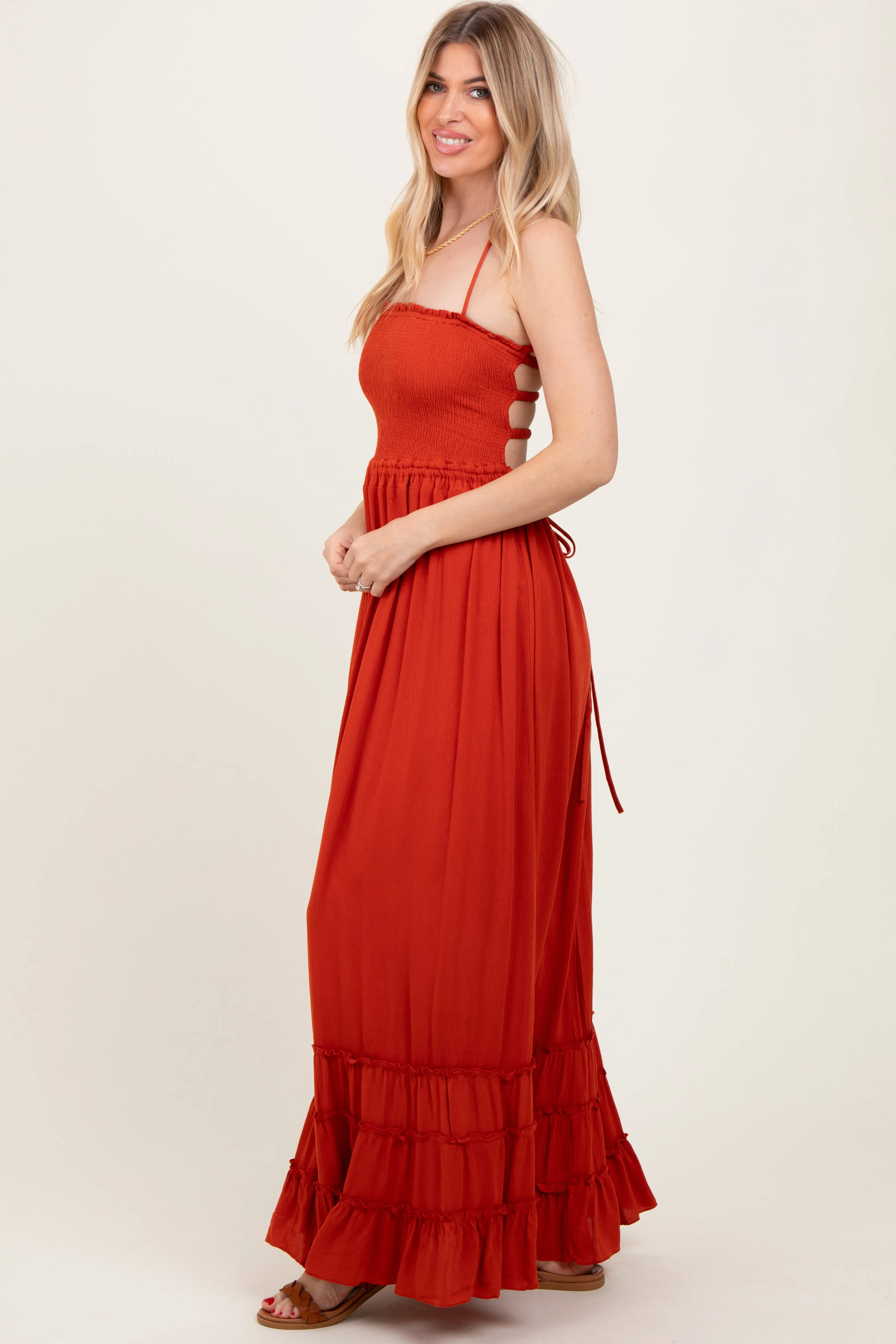 Rust Smocked Woven Maxi Dress sold by Pinkblush product image thumbnail 3