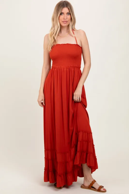 Rust Smocked Woven Maxi Dress sold by Pinkblush