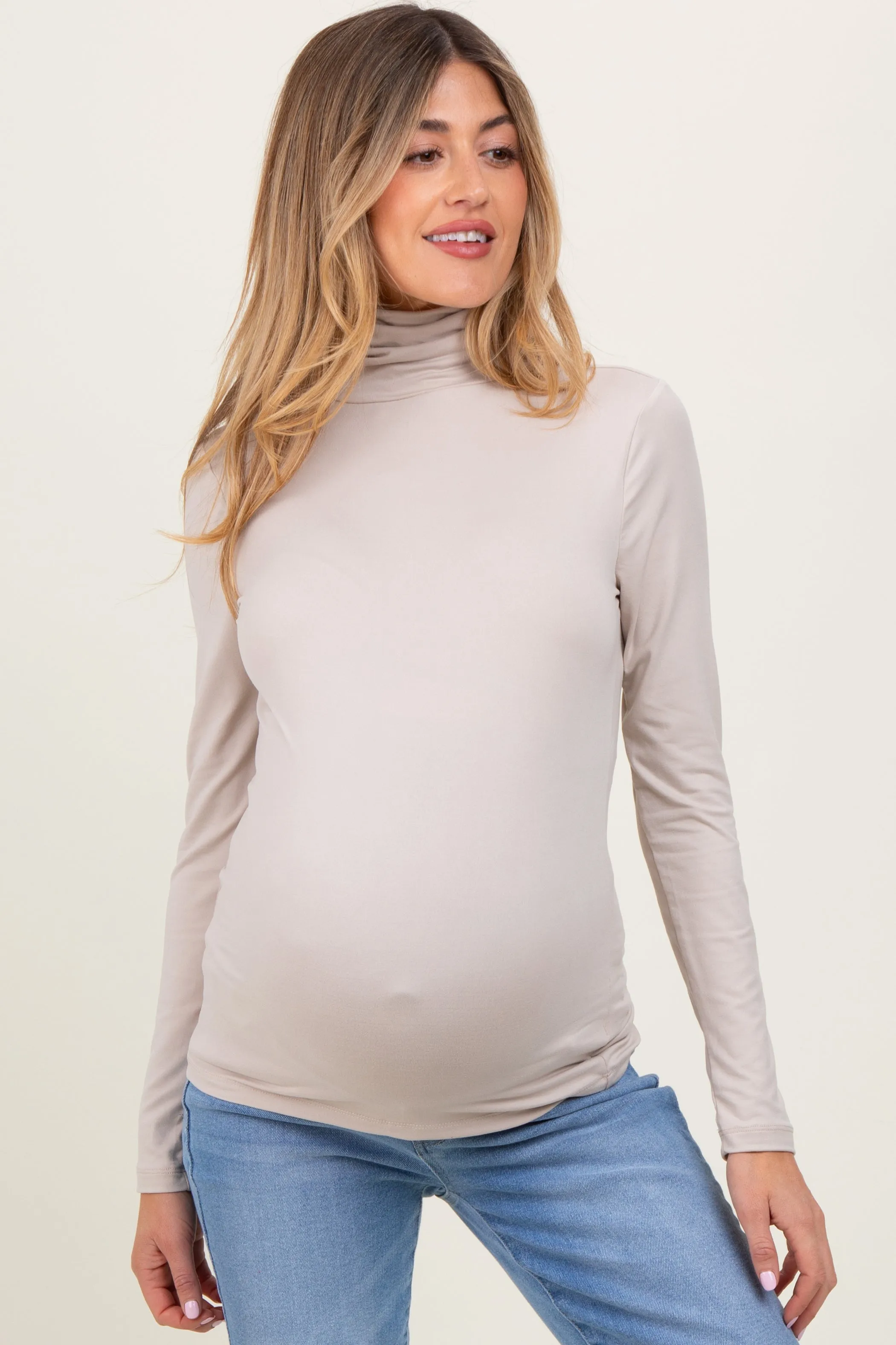 Cream Brushed Knit Basic Turtleneck Maternity Top sold by Pinkblush