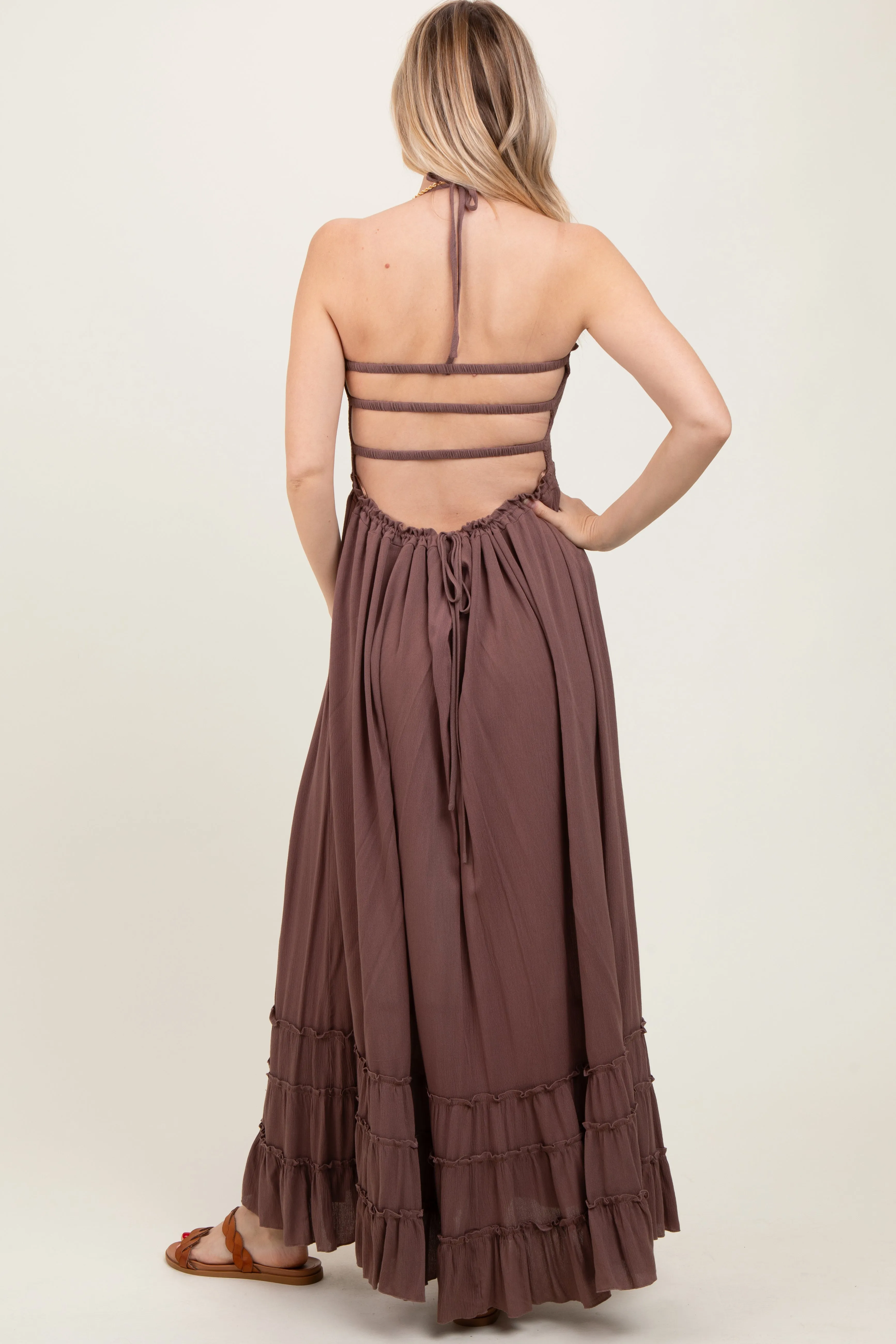 Mocha Smocked Woven Maxi Dress sold by Pinkblush product image thumbnail 3