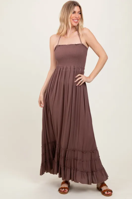 Mocha Smocked Woven Maxi Dress sold by Pinkblush