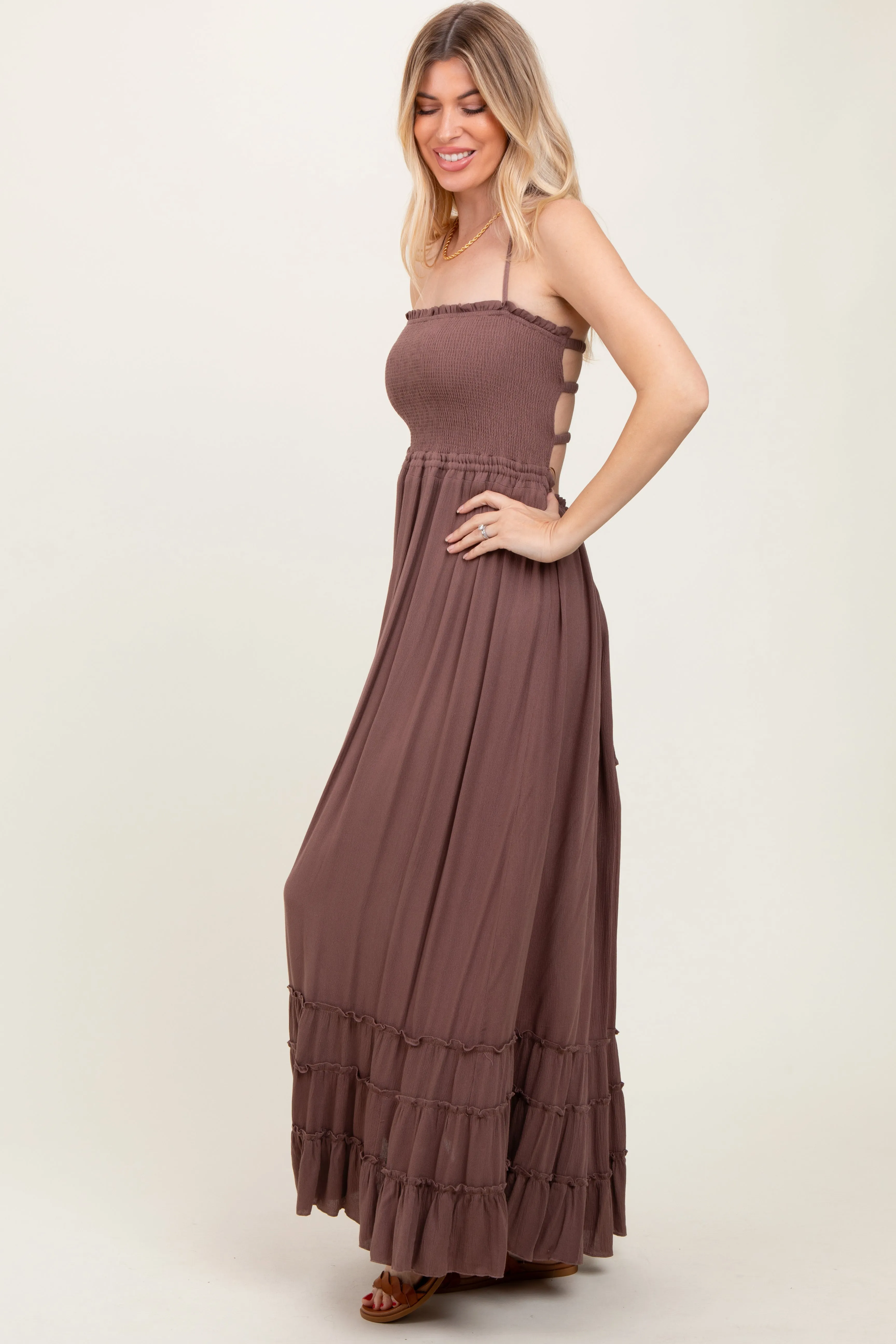 Mocha Smocked Woven Maxi Dress sold by Pinkblush product image thumbnail 2