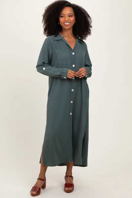 Olive Long Sleeve Button Down Maxi Dress sold by Pinkblush