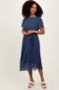 Navy Leaf Print Pleated Midi Dress sold by Pinkblush