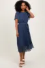 Navy Leaf Print Pleated Midi Dress sold by Pinkblush