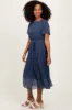 Navy Leaf Print Pleated Midi Dress sold by Pinkblush