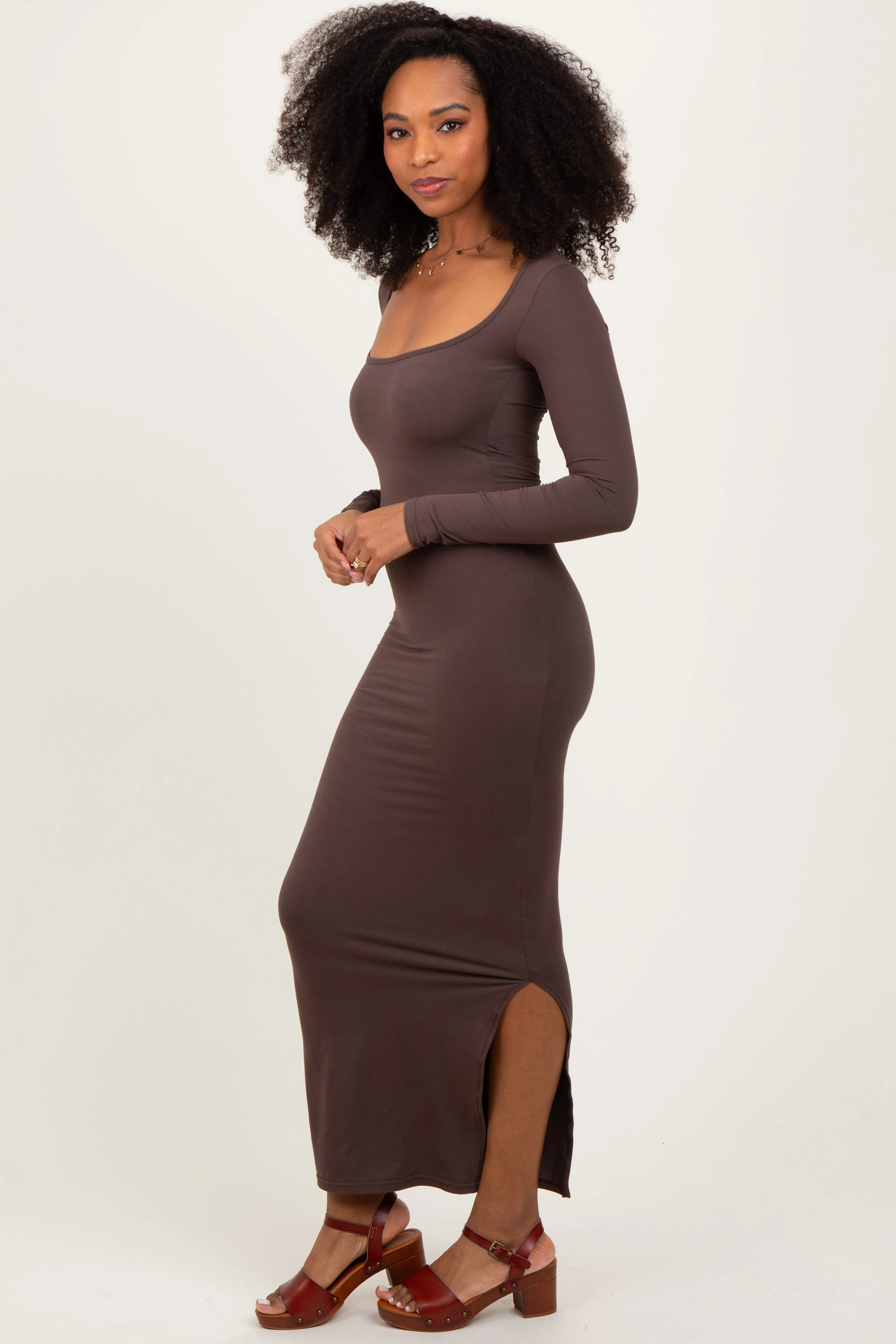 Mocha Long Sleeve Side Slit Maxi Dress sold by Pinkblush product image thumbnail 2