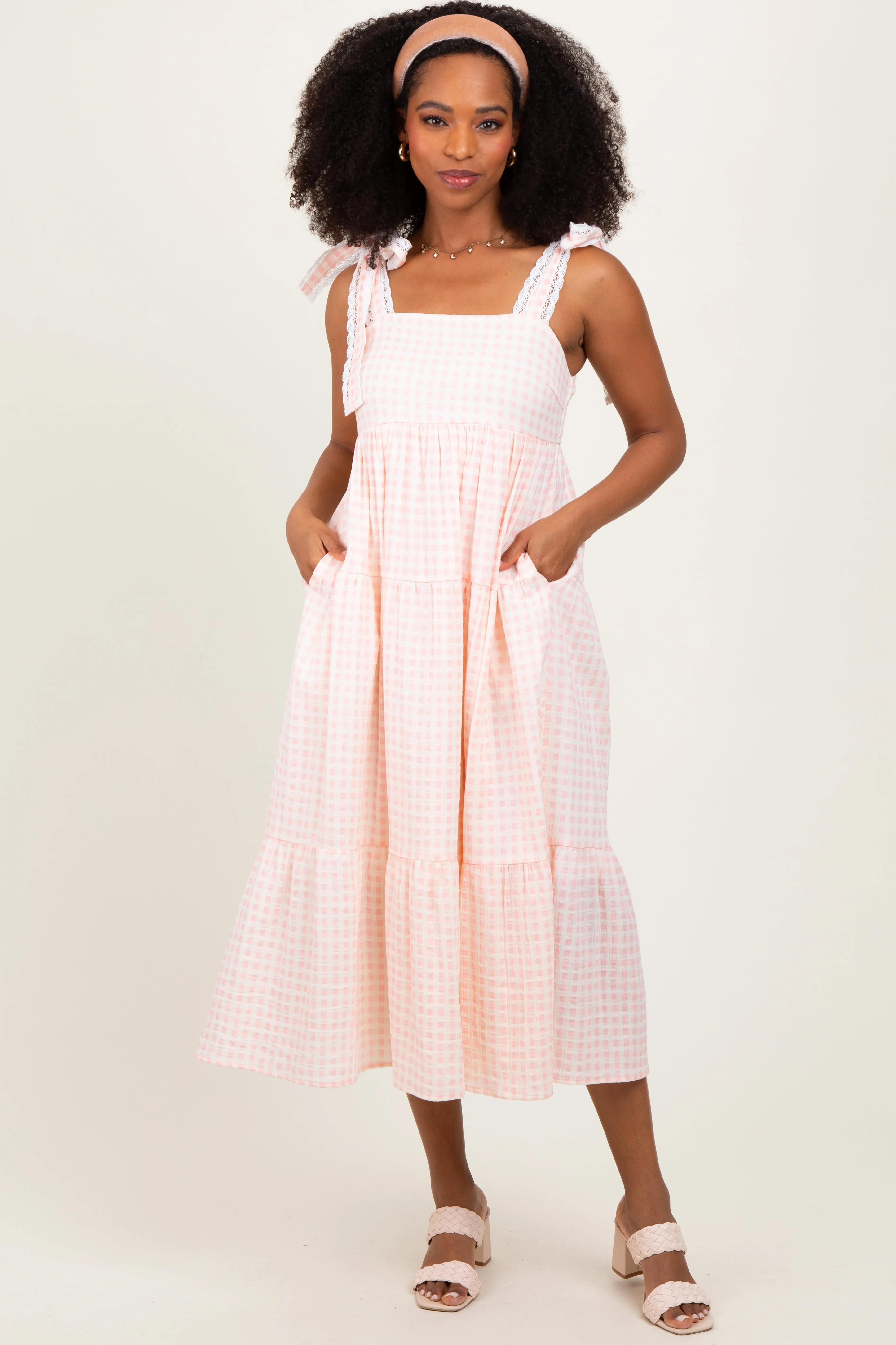 Light Pink Gingham Lace Trim Shoulder Tie Maxi Dress sold by Pinkblush