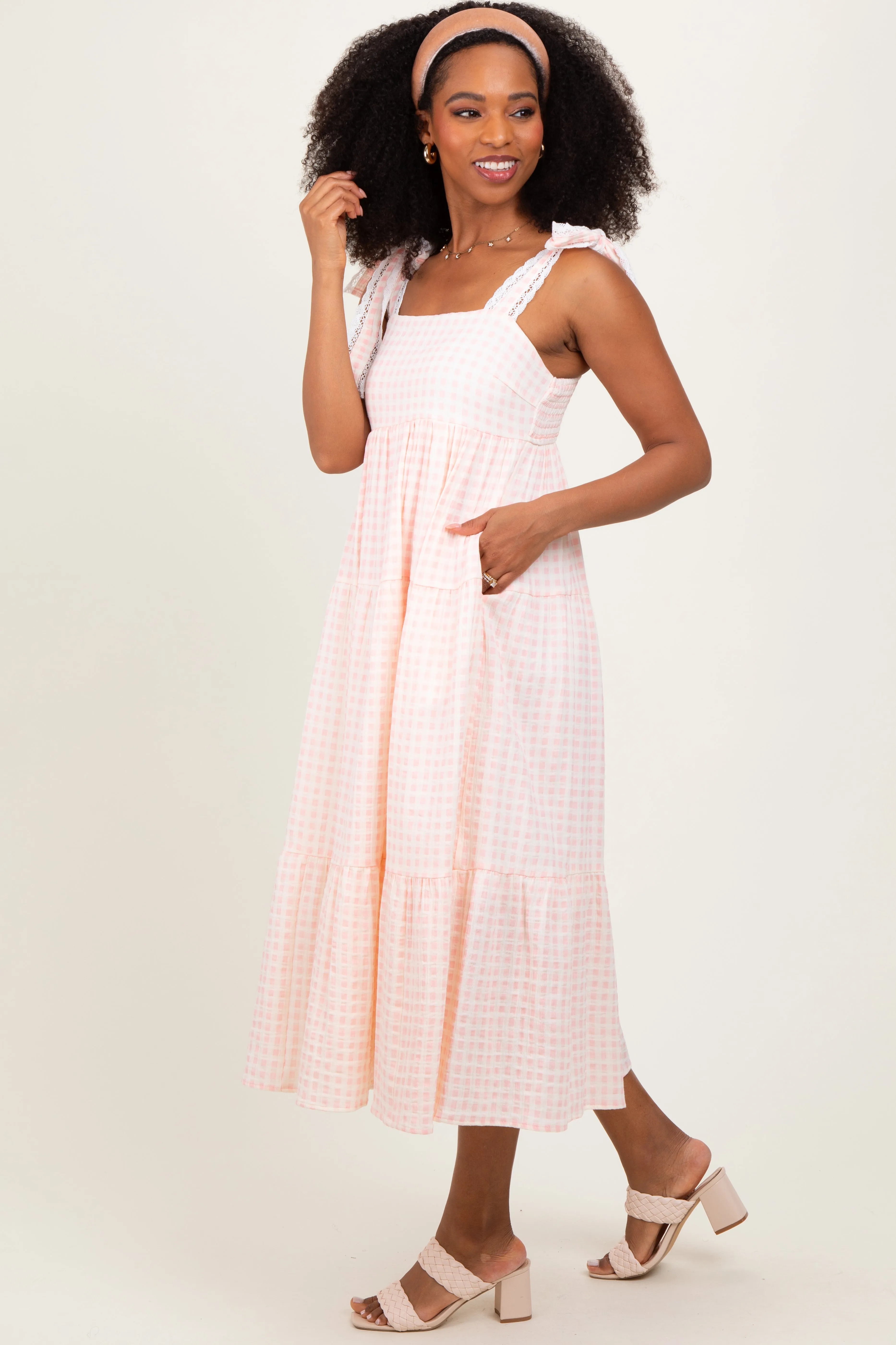 Light Pink Gingham Lace Trim Shoulder Tie Maxi Dress sold by Pinkblush product image thumbnail 2