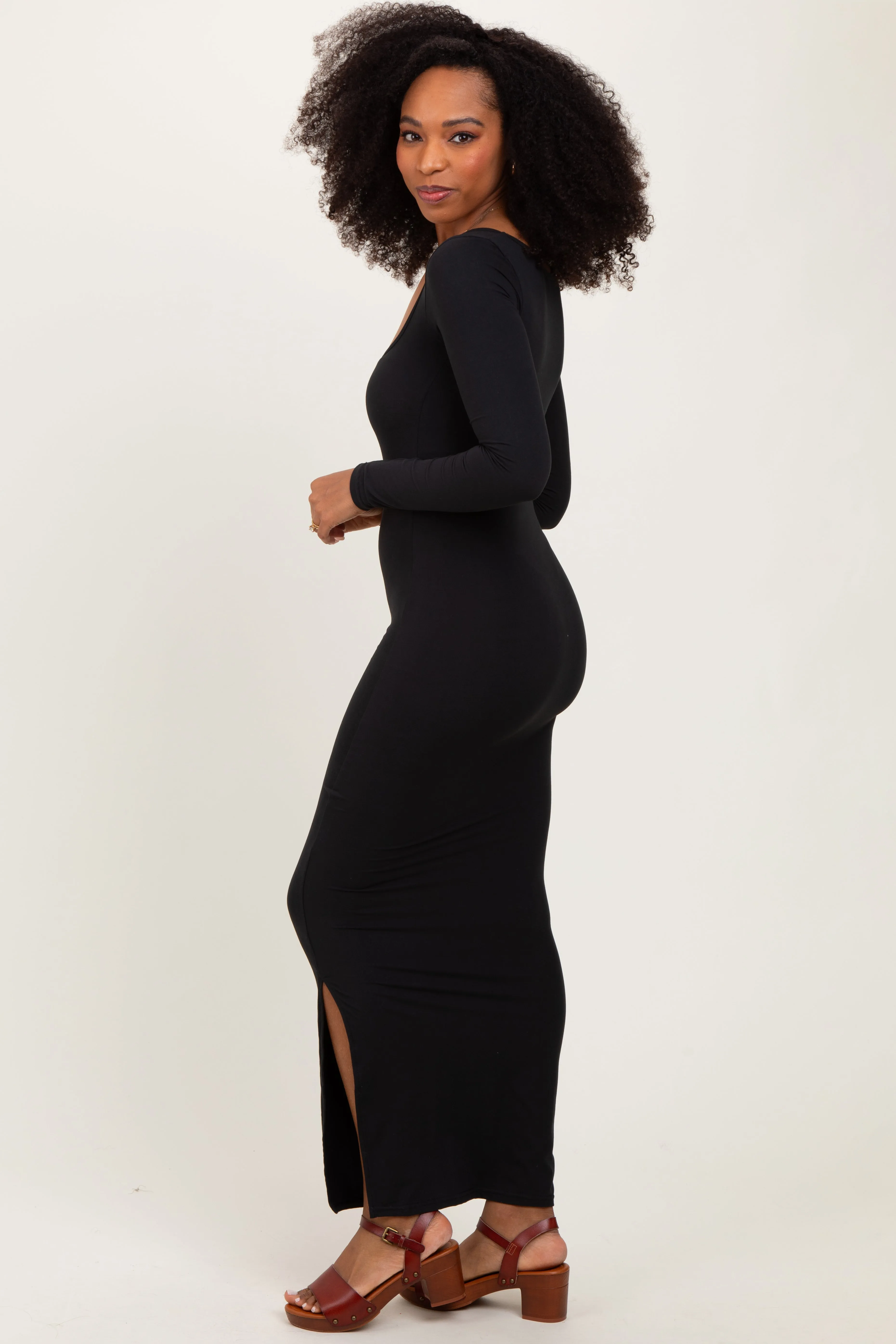 Black Long Sleeve Side Slit Maxi Dress sold by Pinkblush product image thumbnail 3