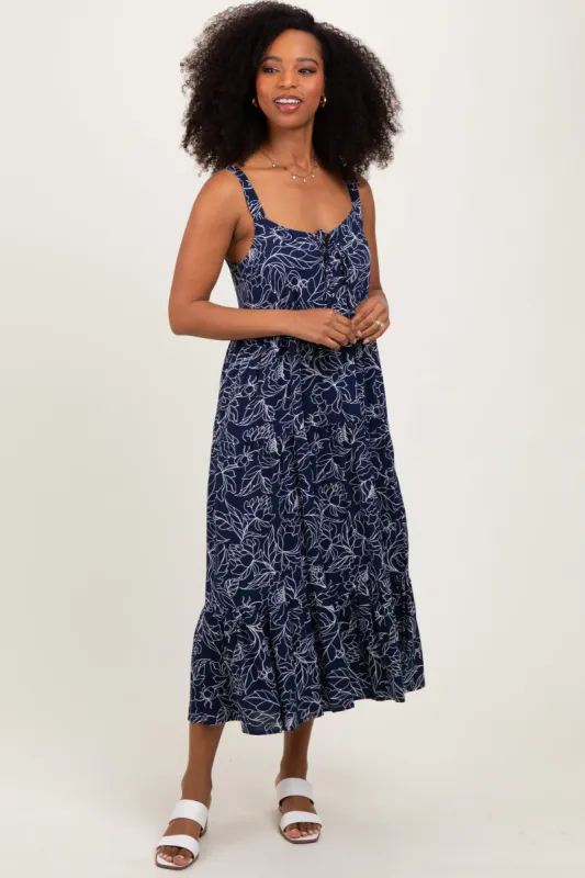 Navy Floral Outline Print Sleeveless Midi Dress sold by Pinkblush
