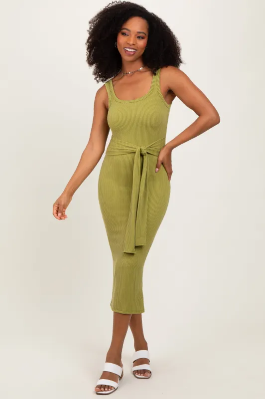 Lime Ribbed Front Tie Sleeveless Midi Dress sold by Pinkblush