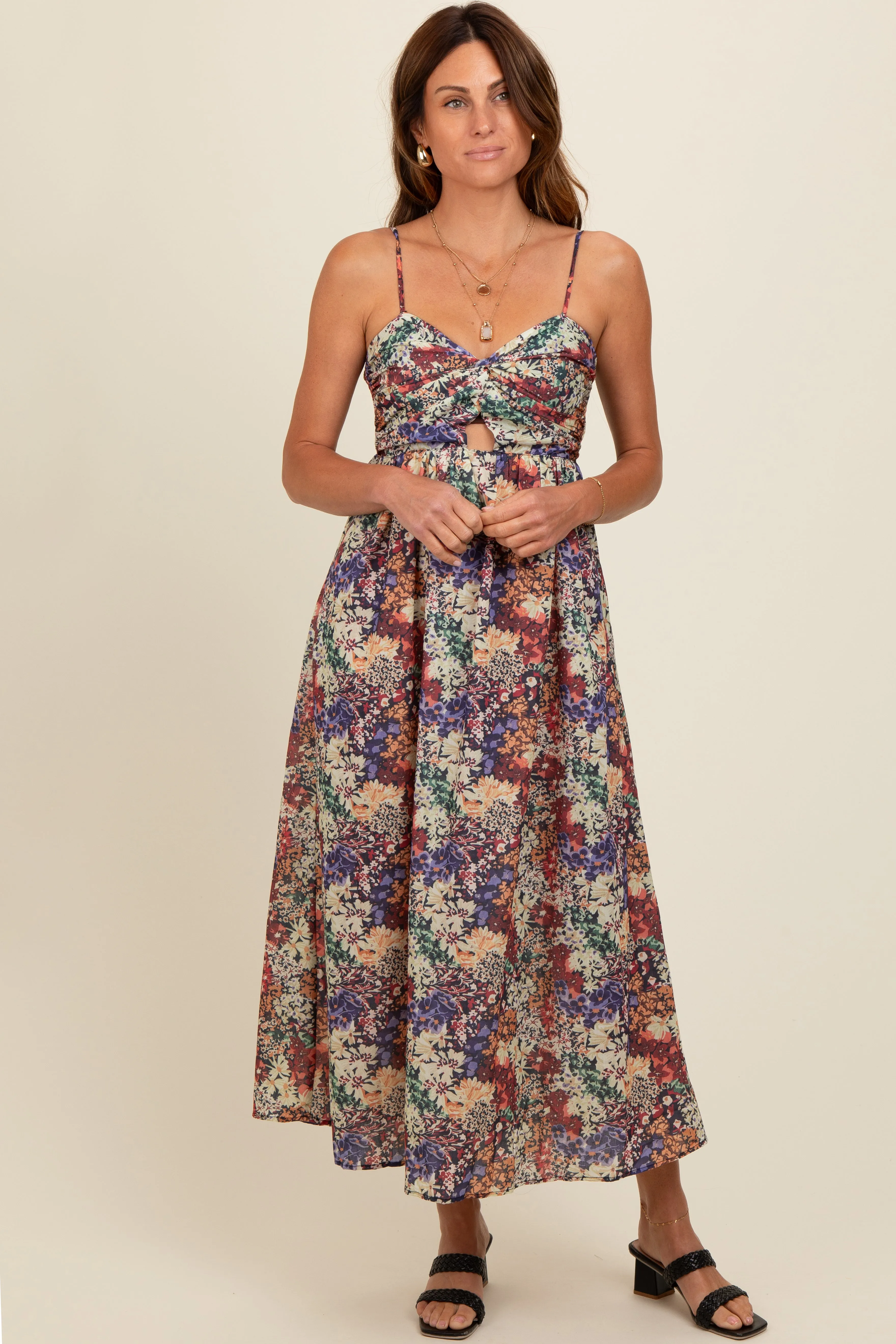 Black Floral Sleeveless Front Cutout Midi Dress sold by Pinkblush product image thumbnail 2