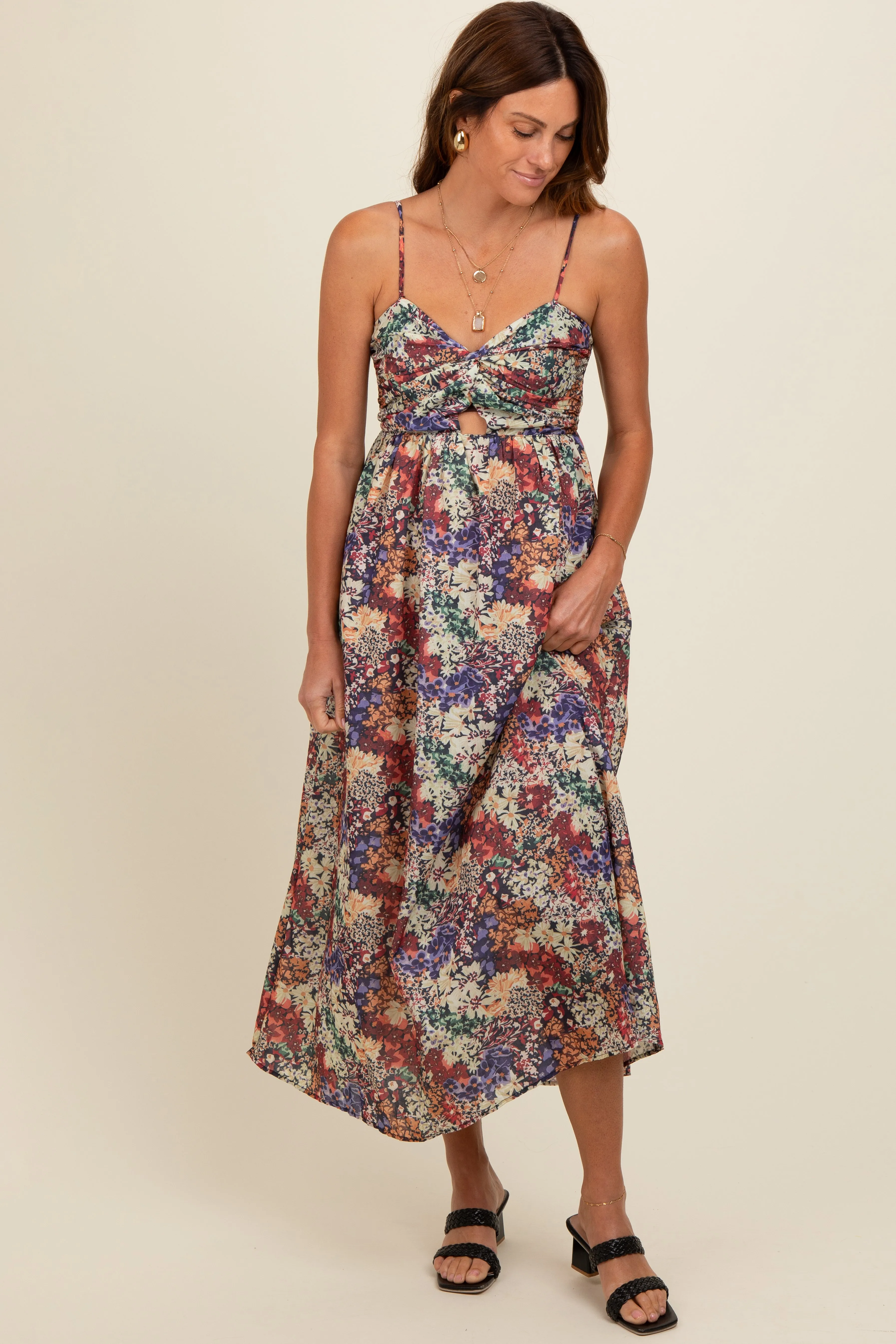 Black Floral Sleeveless Front Cutout Midi Dress sold by Pinkblush