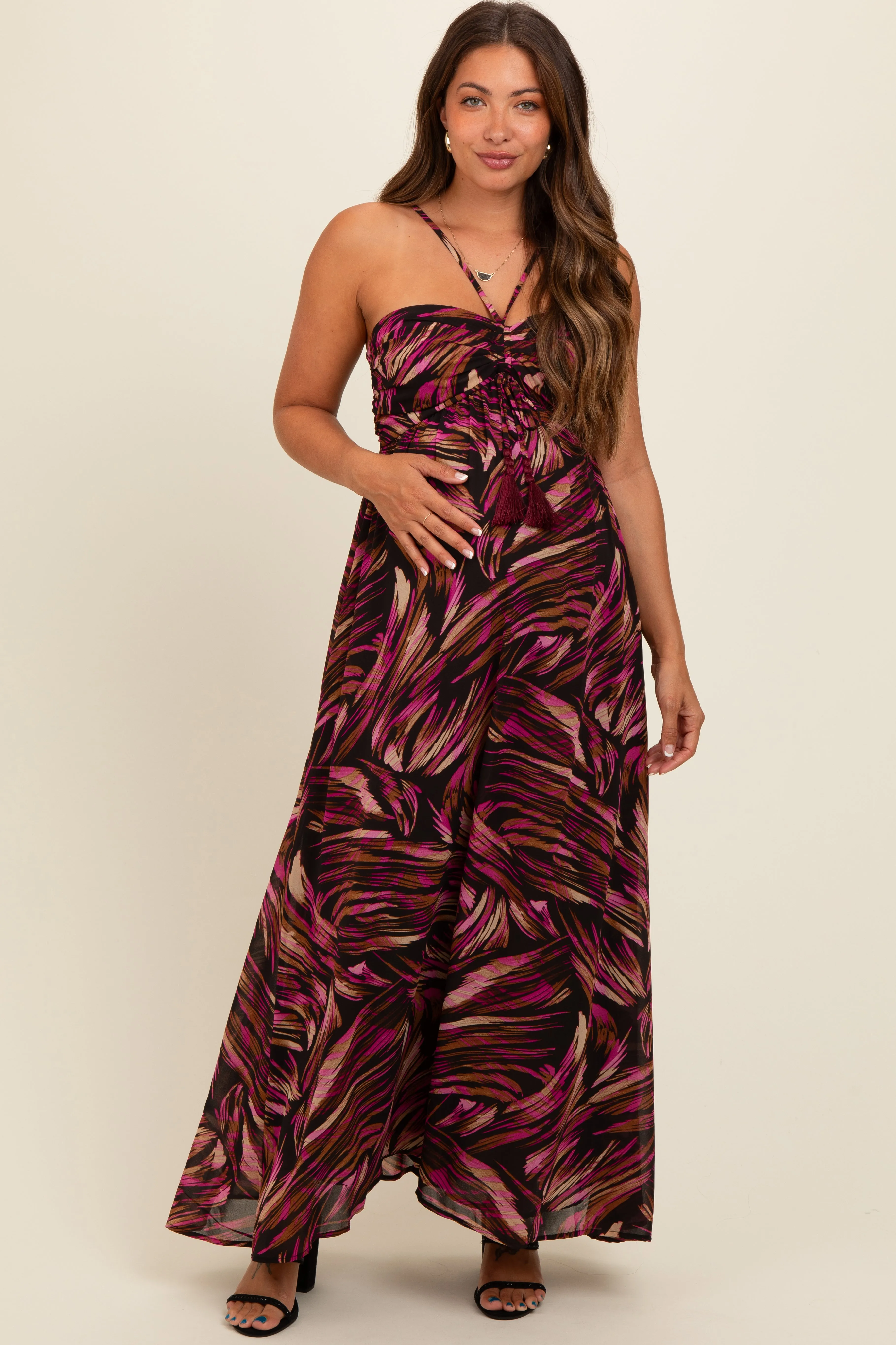 Black Printed Halter Cross Back Maternity Maxi Dress sold by Pinkblush