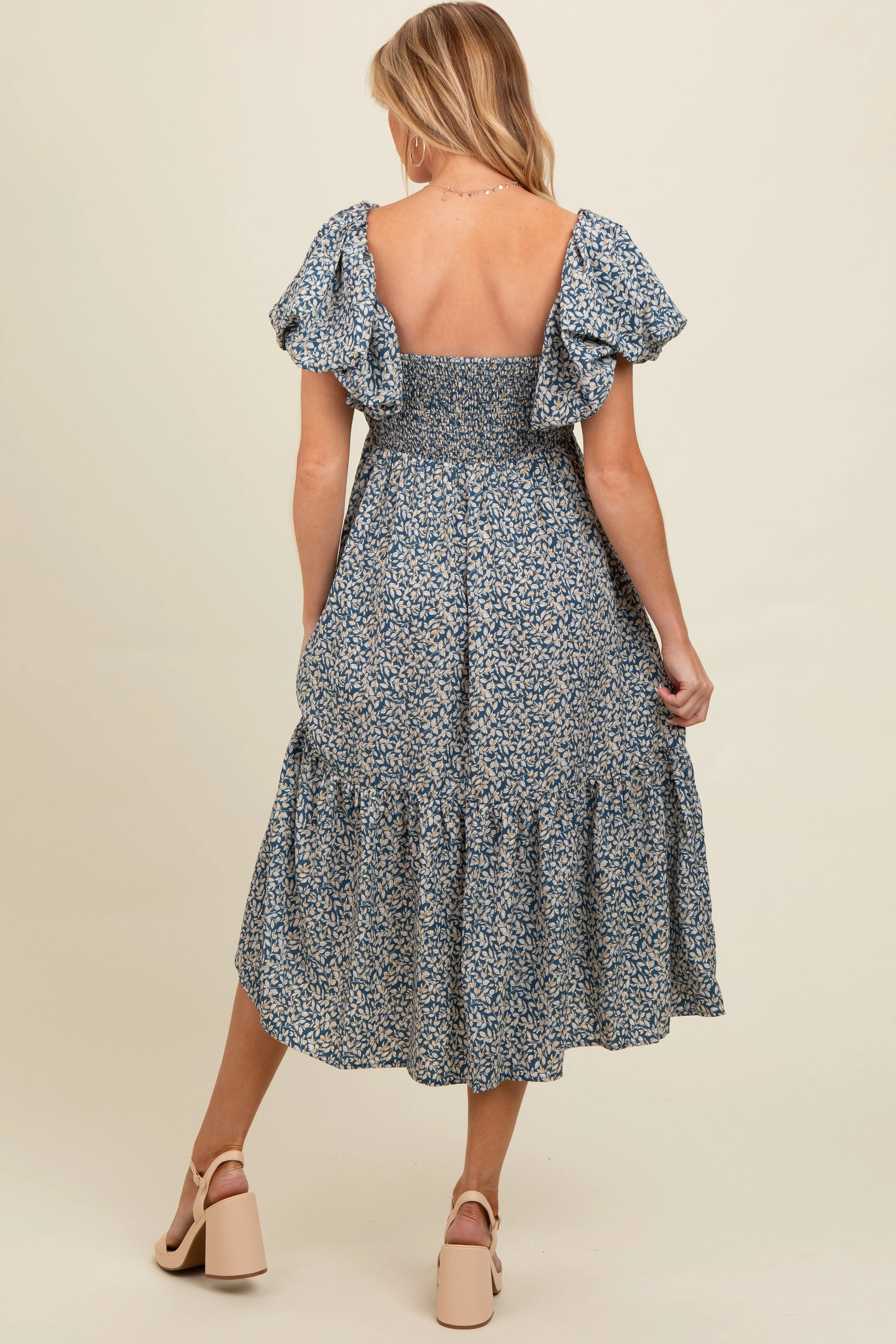 Blue Floral Puffed Sleeve Maternity Midi Dress sold by Pinkblush product image thumbnail 3