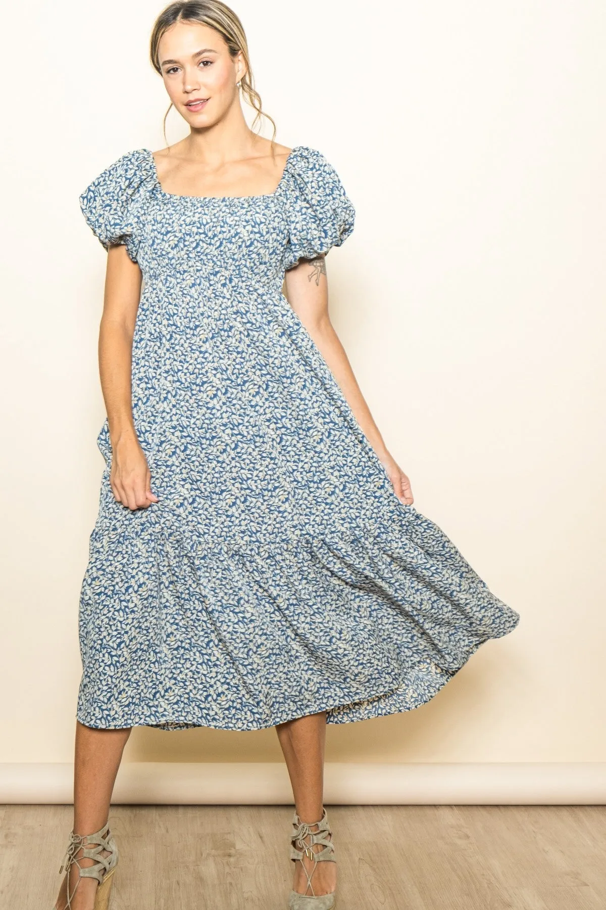 Blue Floral Puffed Sleeve Maternity Midi Dress sold by Pinkblush product image thumbnail 4
