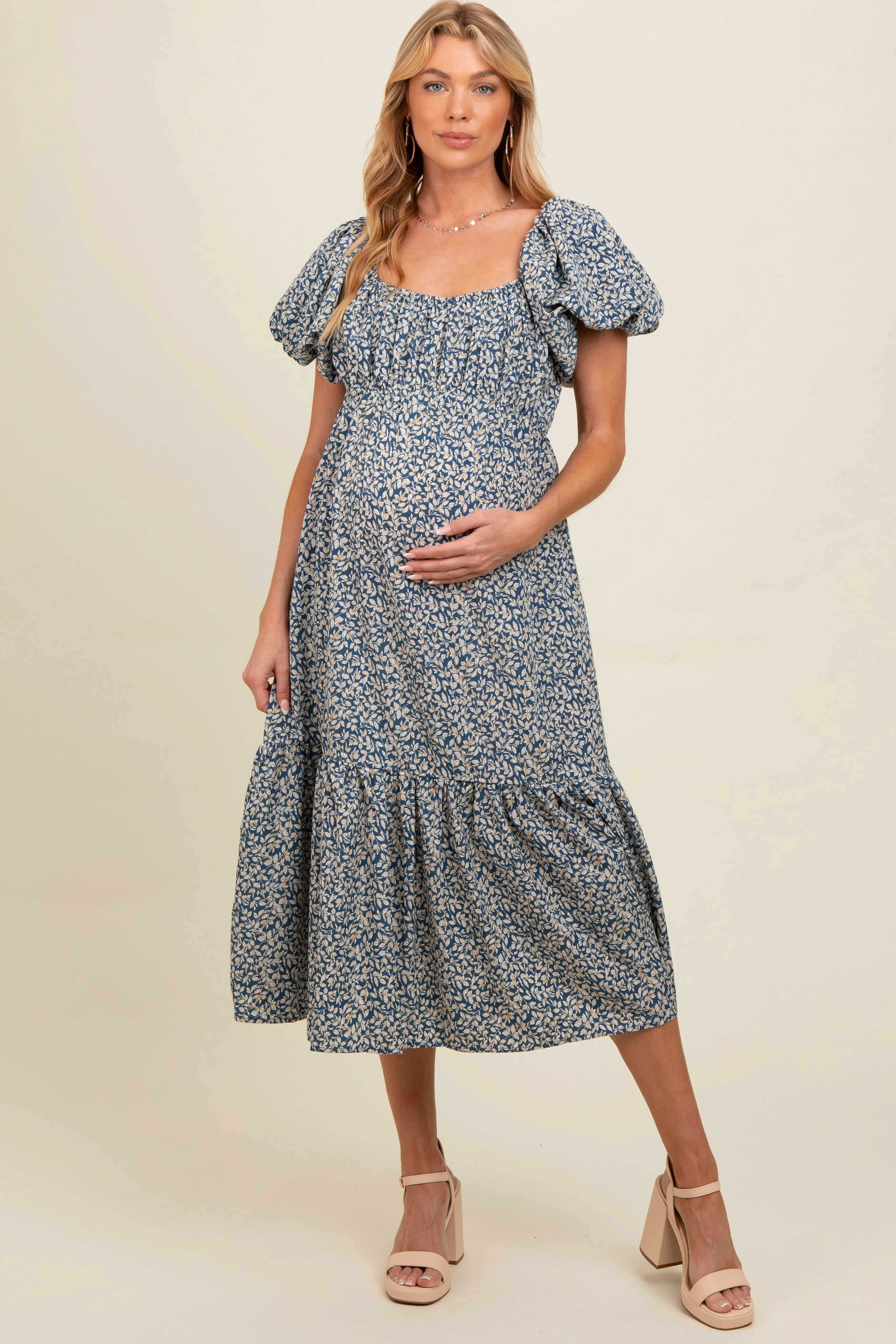 Blue Floral Puffed Sleeve Maternity Midi Dress sold by Pinkblush