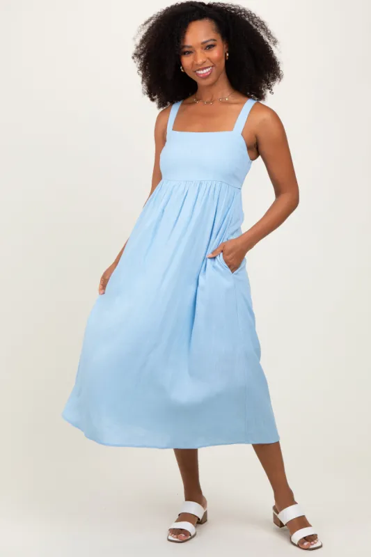 Blue Linen Blend Square Neck Midi Dress sold by Pinkblush