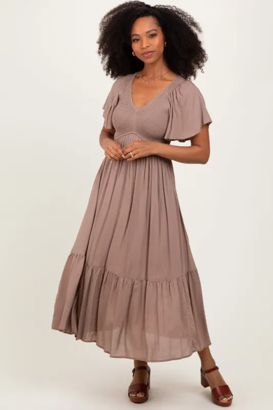 Mocha Smocked Midi Dress sold by Pinkblush