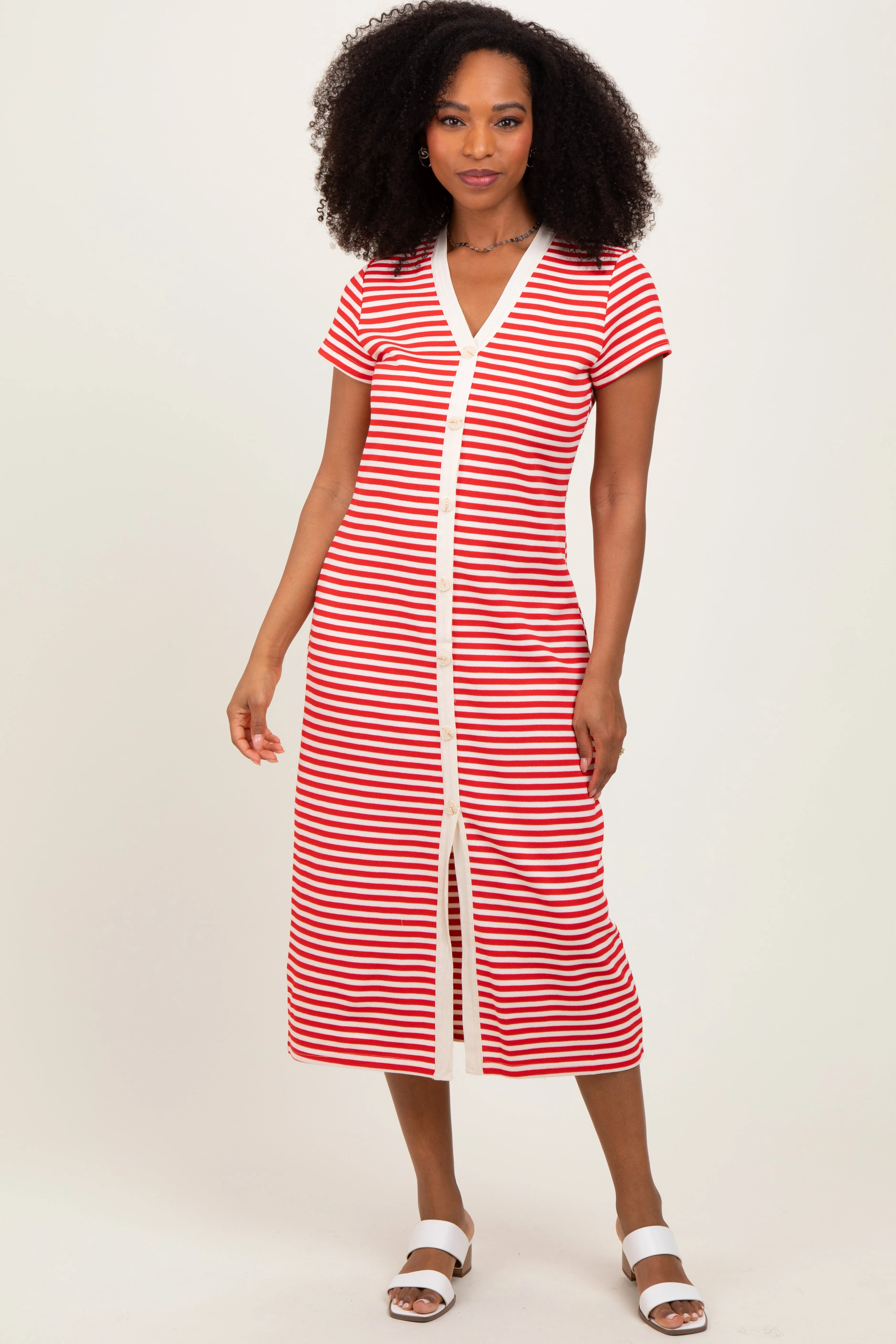 Red Striped Button Down Midi Dress sold by Pinkblush