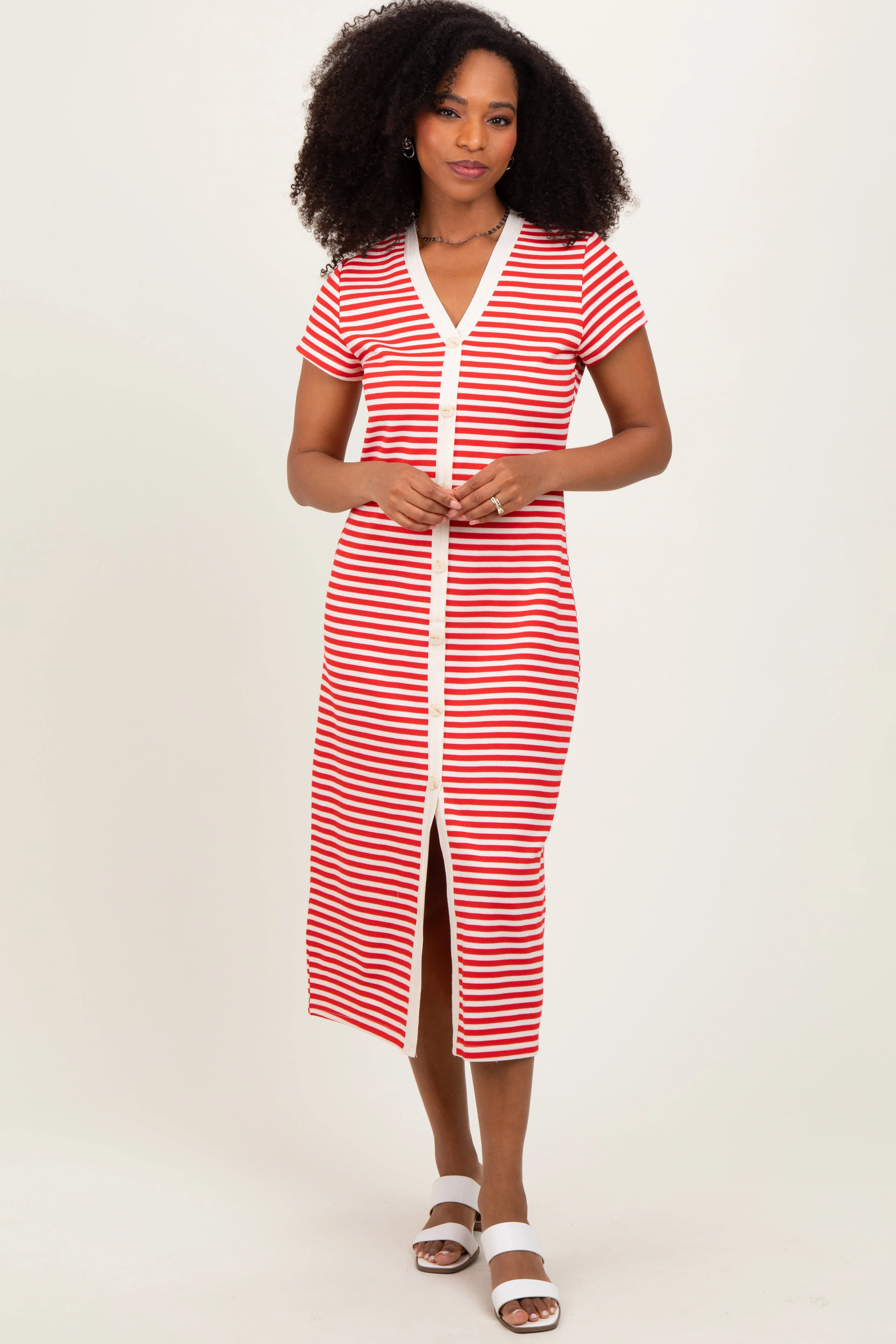 Red Striped Button Down Midi Dress sold by Pinkblush product image thumbnail 2