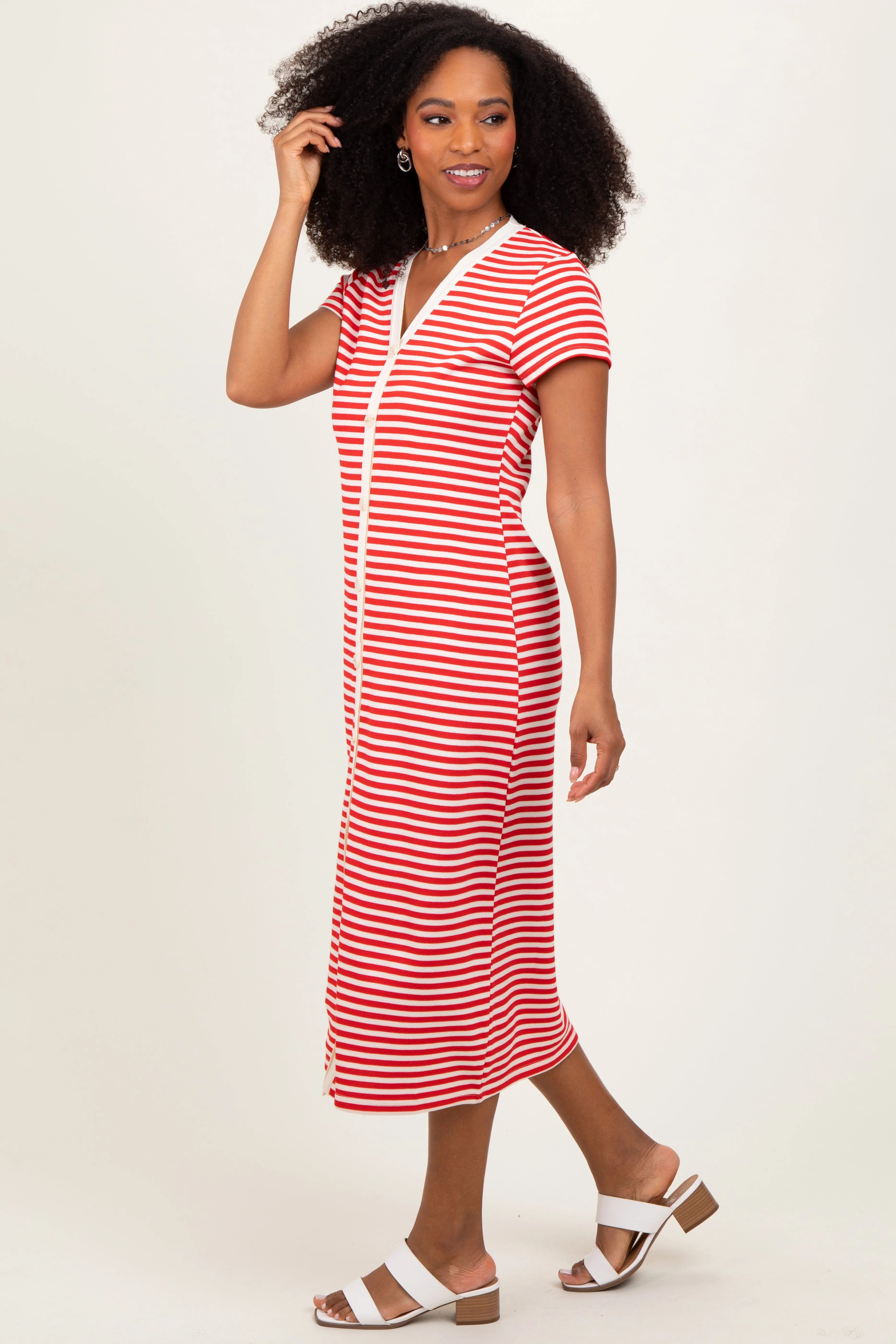 Red Striped Button Down Midi Dress sold by Pinkblush product image thumbnail 3