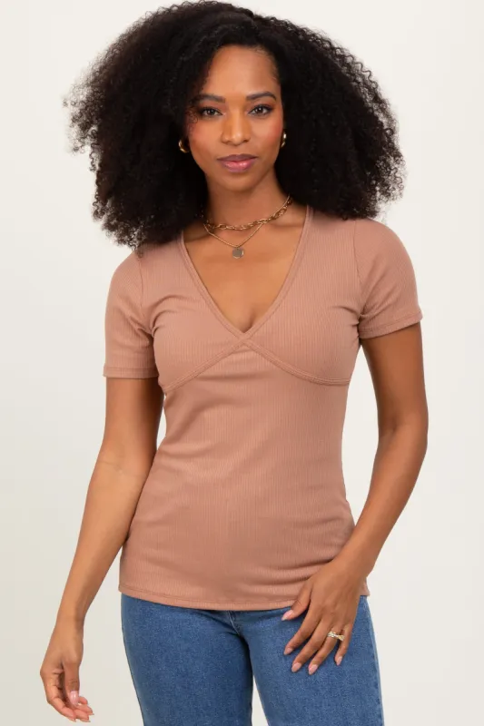 Mocha Solid Ribbed Short Sleeve V-Neck Basic Top sold by Pinkblush