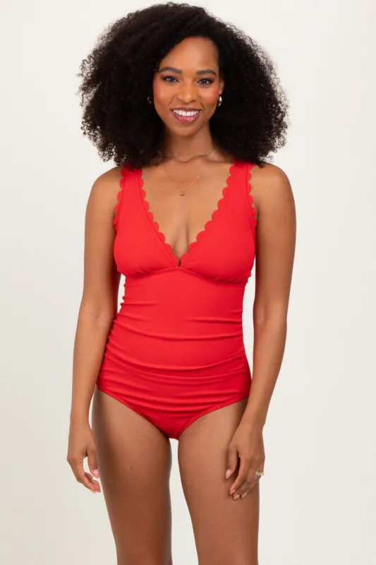 Red Scallop Trim One Piece Swimsuit sold by Pinkblush