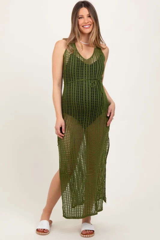Olive Crochet V-Neck Side Slit Maternity Cover Up sold by Pinkblush