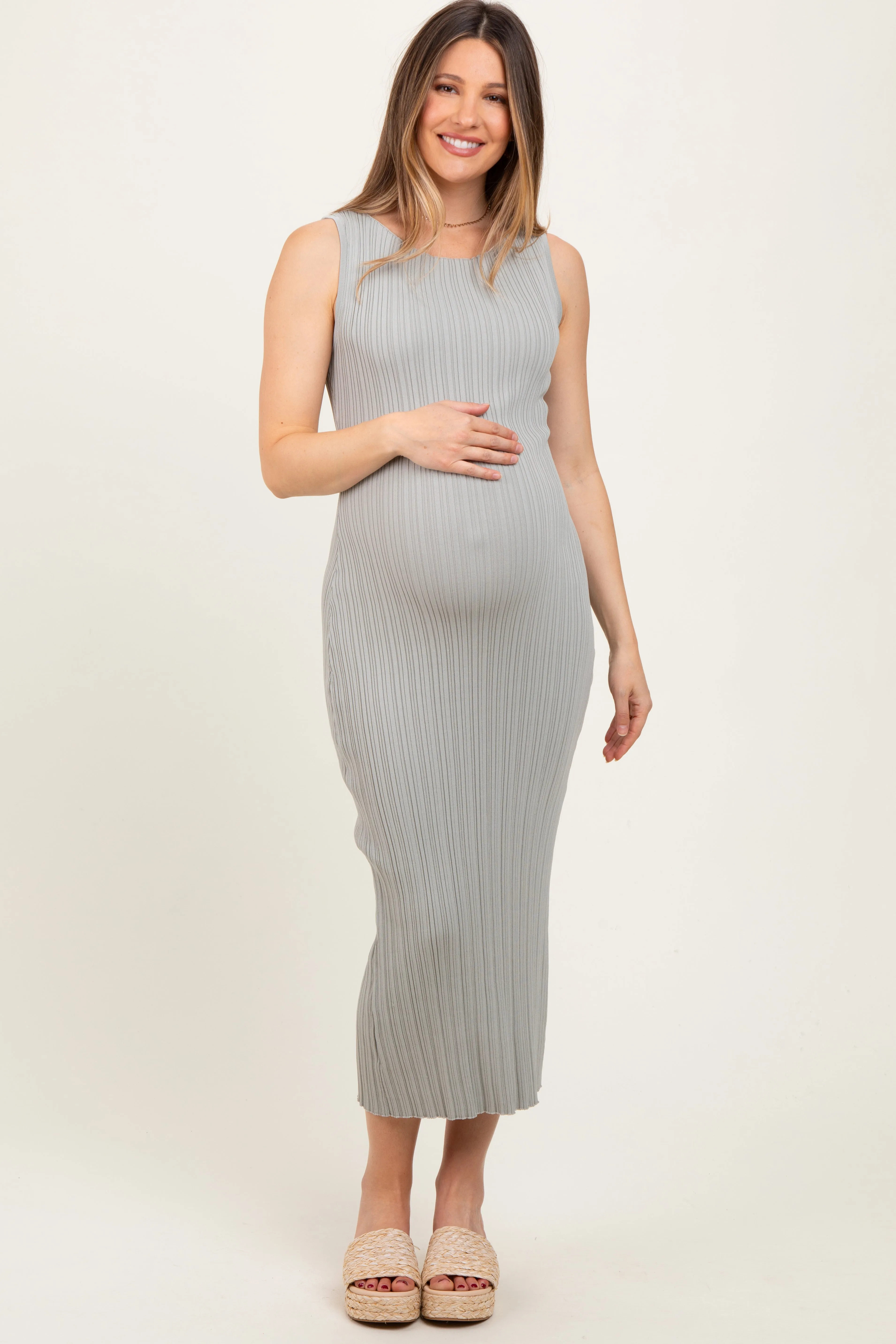 Light Olive Sleeveless Ribbed Maternity Maxi Dress sold by Pinkblush