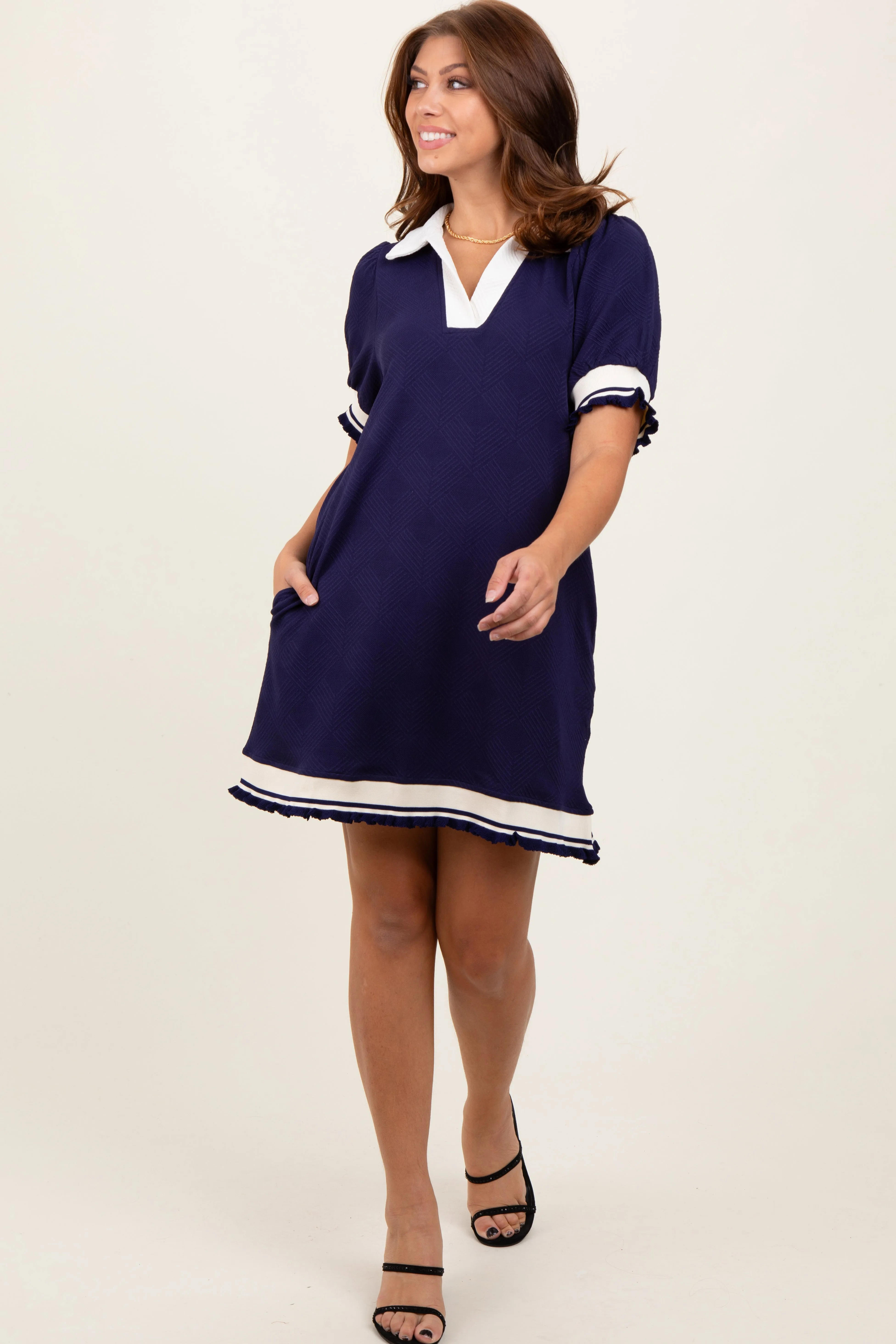 Navy Knit Contrast Trim Collared Mini Dress sold by Pinkblush product image thumbnail 2