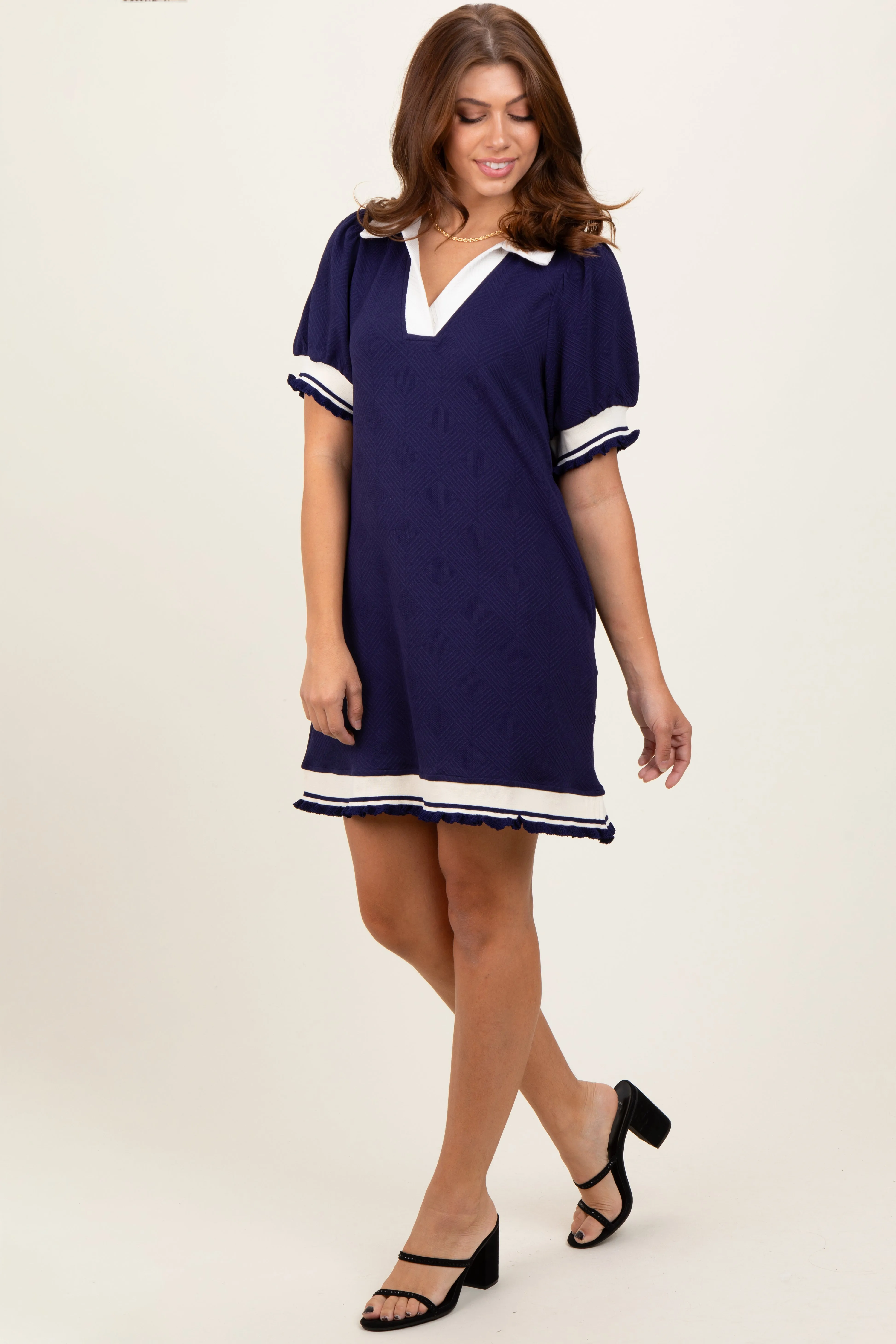 Navy Knit Contrast Trim Collared Mini Dress sold by Pinkblush product image thumbnail 3