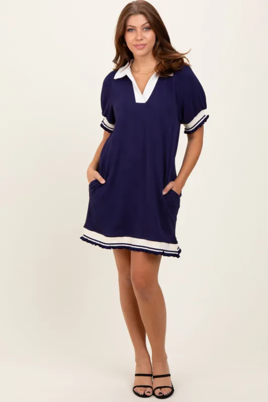 Navy Knit Contrast Trim Collared Mini Dress sold by Pinkblush