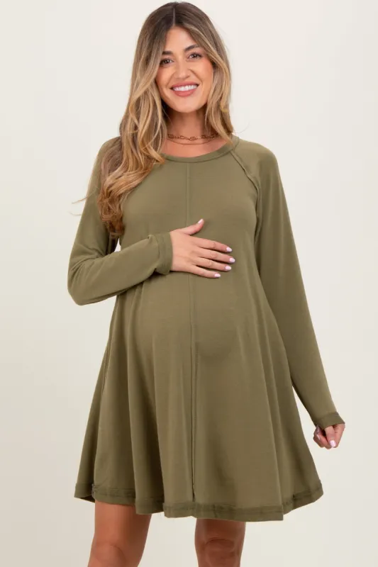 Olive Crew Neck Flared Fit Long Sleeve Maternity Mini Dress sold by Pinkblush