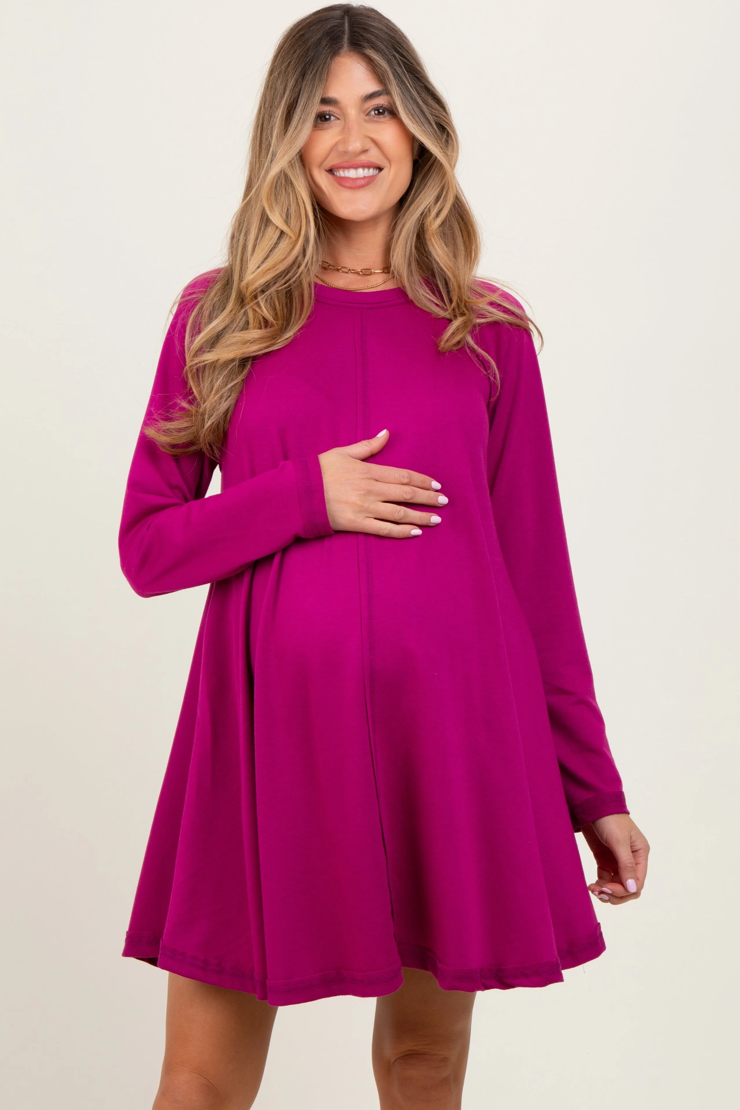 Magenta Crew Neck Flared Fit Long Sleeve Maternity Mini Dress sold by Pinkblush product image thumbnail 2