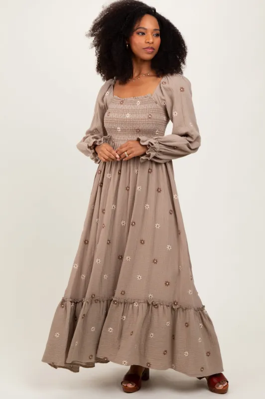 Grey Taupe Long Sleeve Floral Accent Dress sold by Pinkblush
