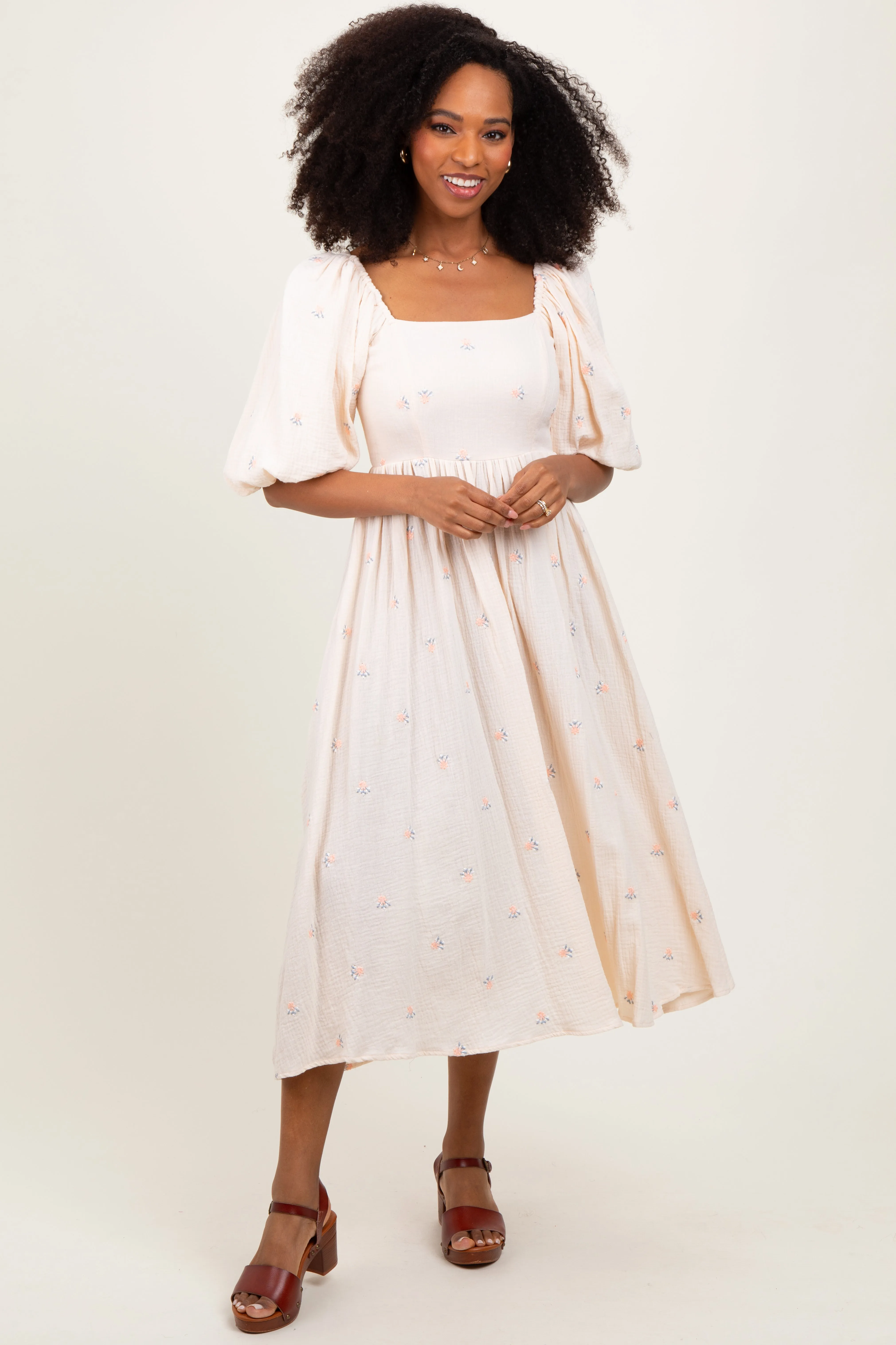 Cream Floral Midi Dress sold by Pinkblush