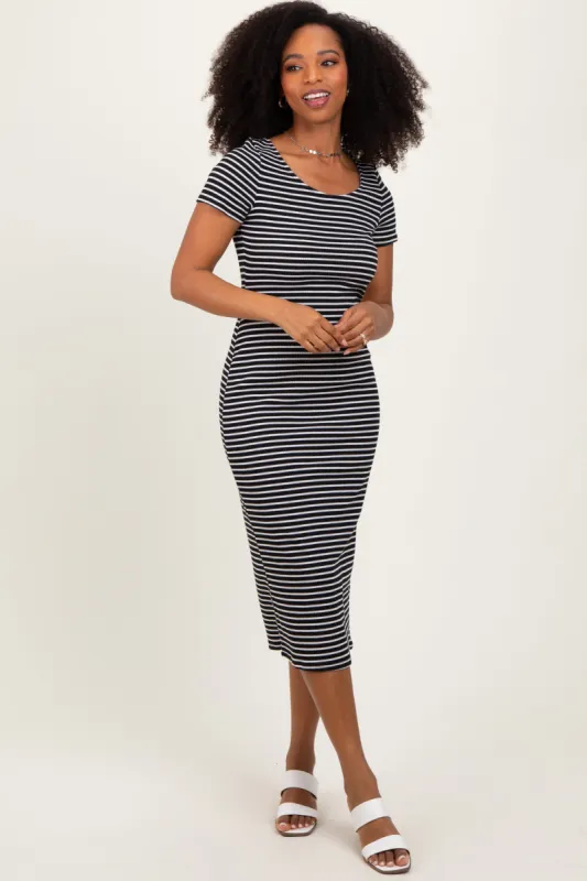 Black White Basic Stripe Rib Short Sleeve Dress sold by Pinkblush